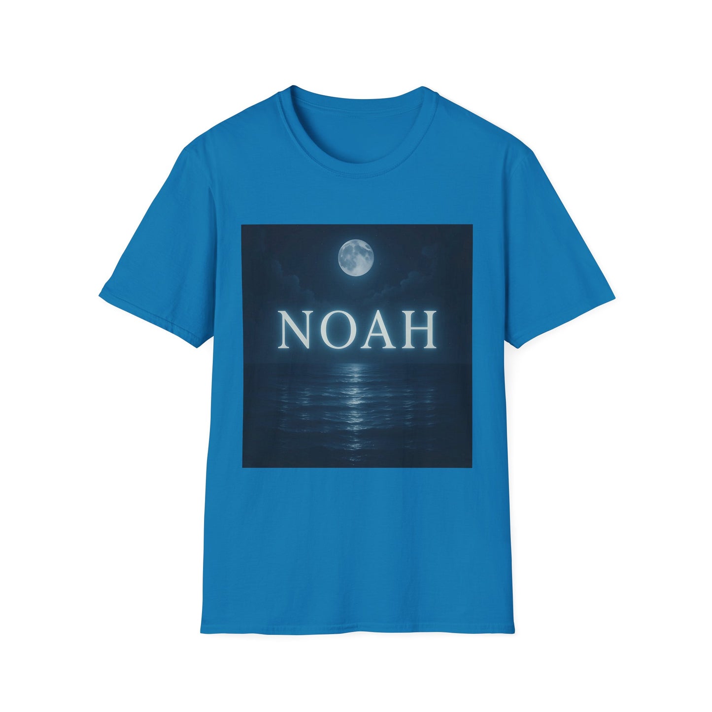 Blue T-shirt with a square graphic of a full moon over a dark ocean and the word NOAH in white.