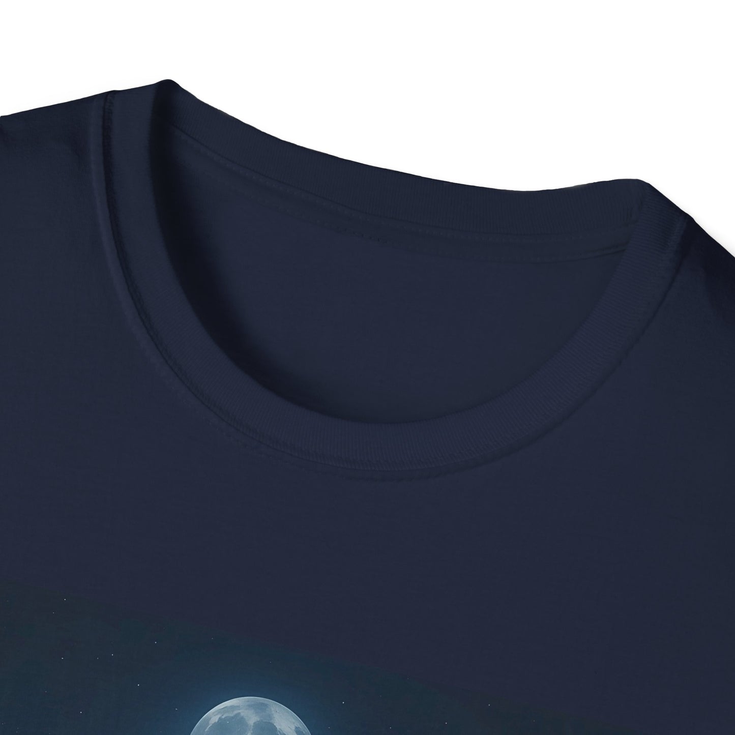 Close-up of a navy blue crew-neck T-shirt with a partial moon graphic along the lower front.