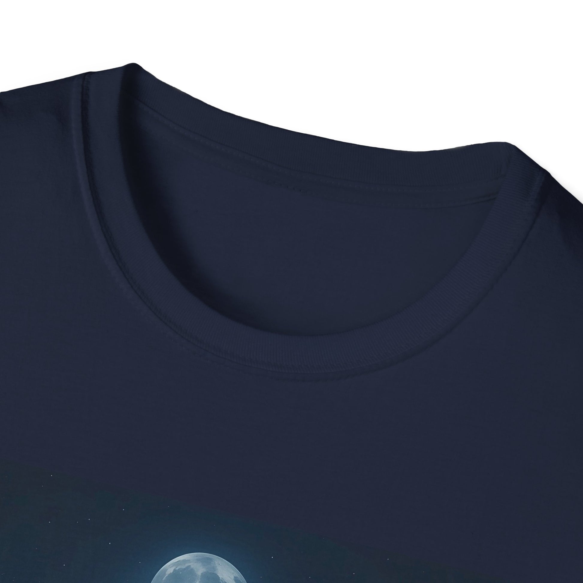 Close-up of a navy blue crew-neck T-shirt with a partial moon graphic along the lower front.