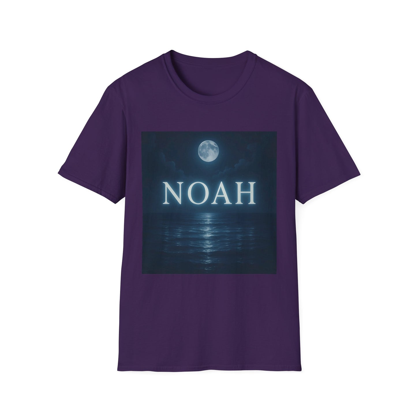 Purple T-shirt with a dark blue square graphic showing a moon over the sea and the word NOAH in glowing white letters.