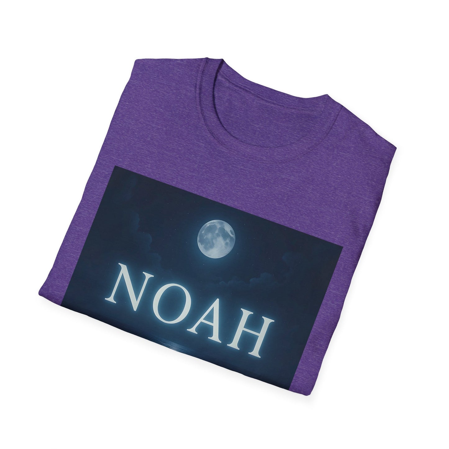 Purple heathered crewneck T-shirt folded, with a dark blue graphic panel showing a moon and the word NOAH.
