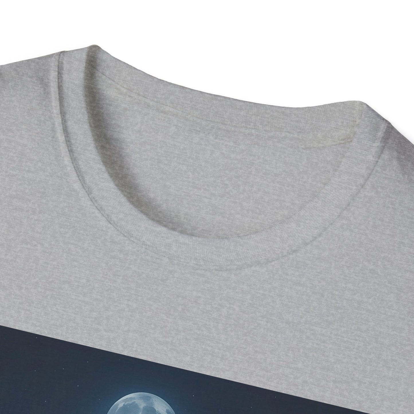 Close-up of a light gray heather crew-neck T-shirt, showing the rounded neckline and a dark blue graphic with a moon at the bottom edge.