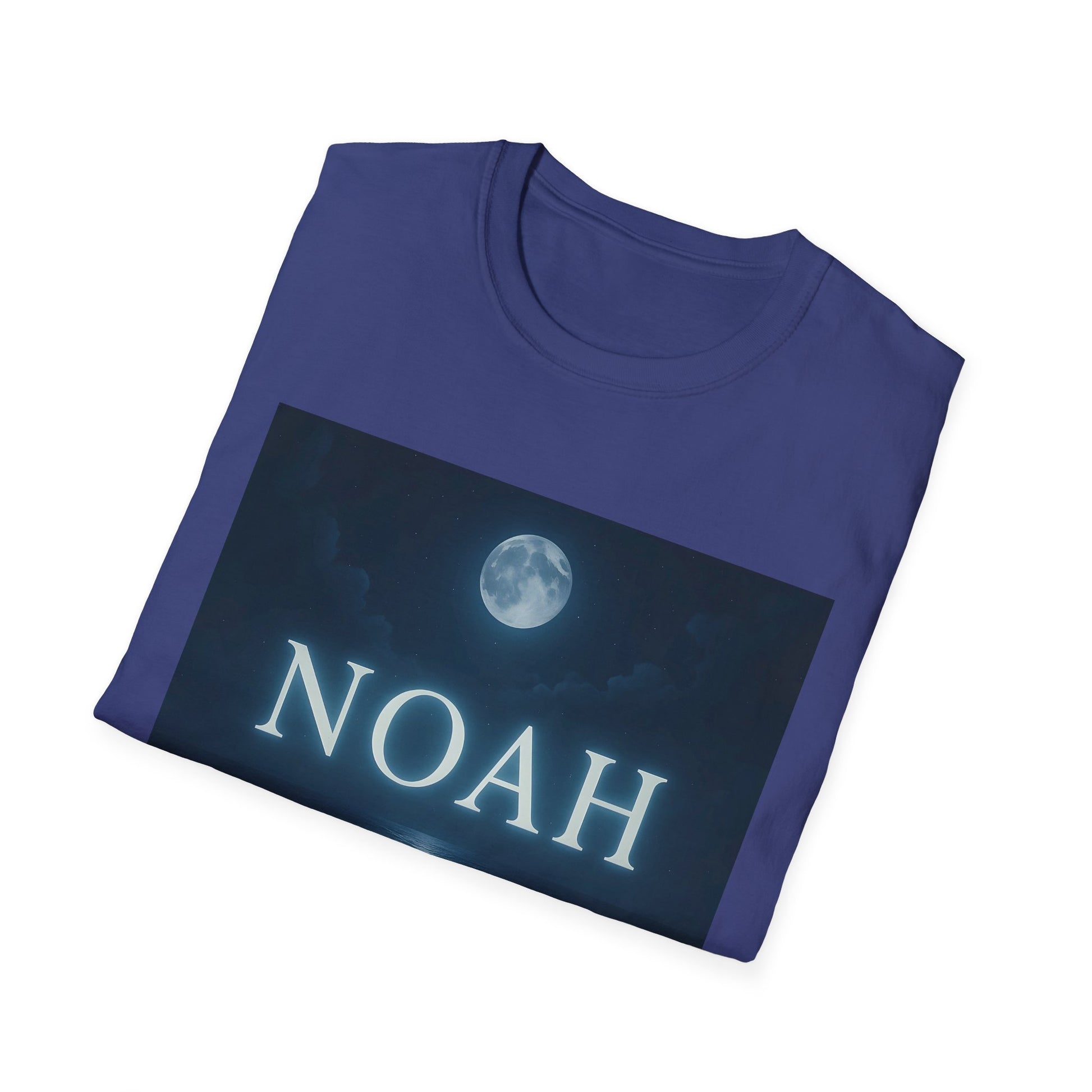 Purple T-shirt folded with a dark blue rectangular graphic showing a full moon and clouds and the white "NOAH" text.