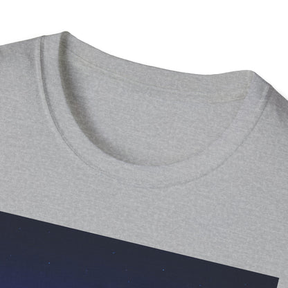 Close-up of a light gray cotton T-shirt neckline with a dark blue rectangular panel featuring small white dots.
