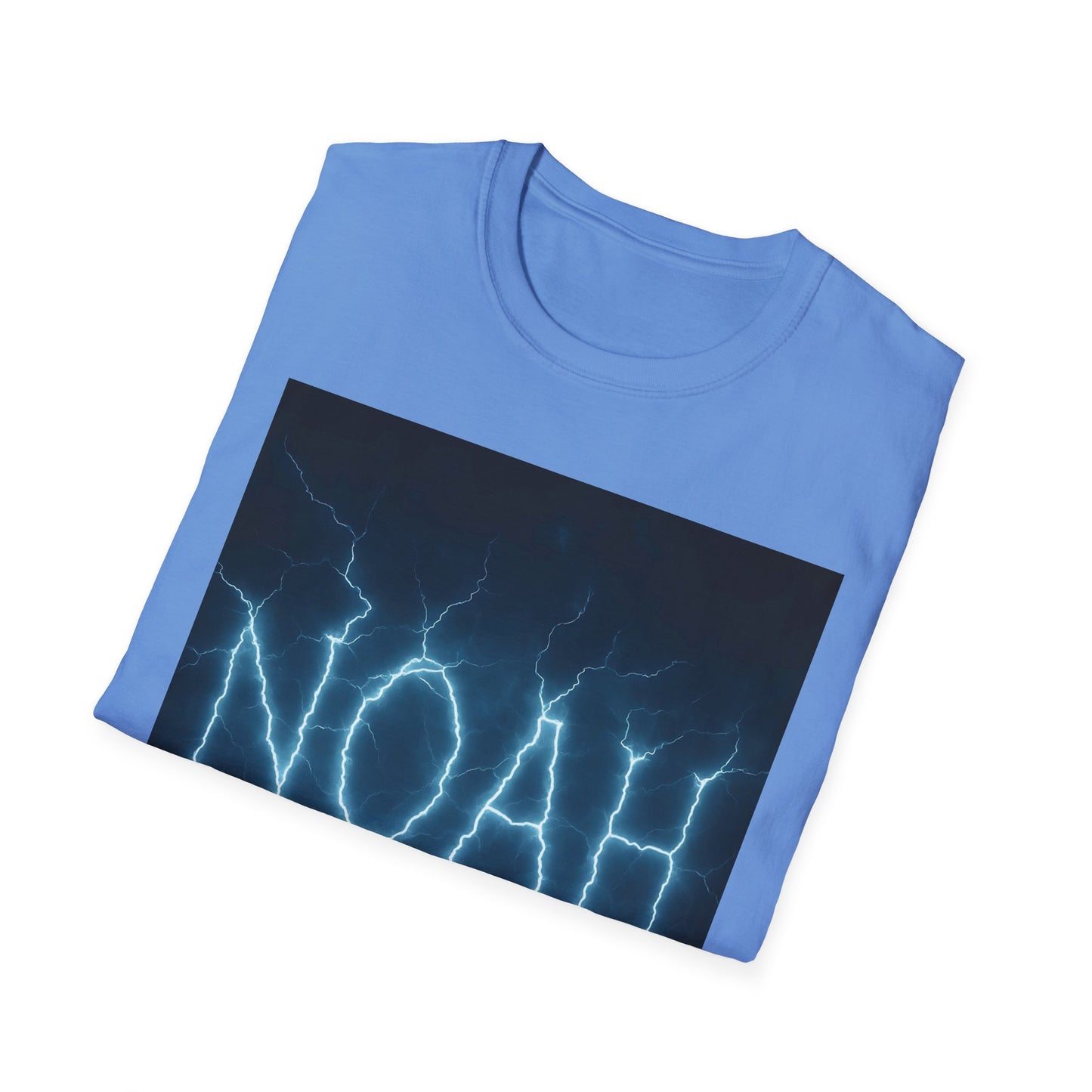 Blue short-sleeve T-shirt with a dark rectangular graphic featuring blue lightning bolts across the front.