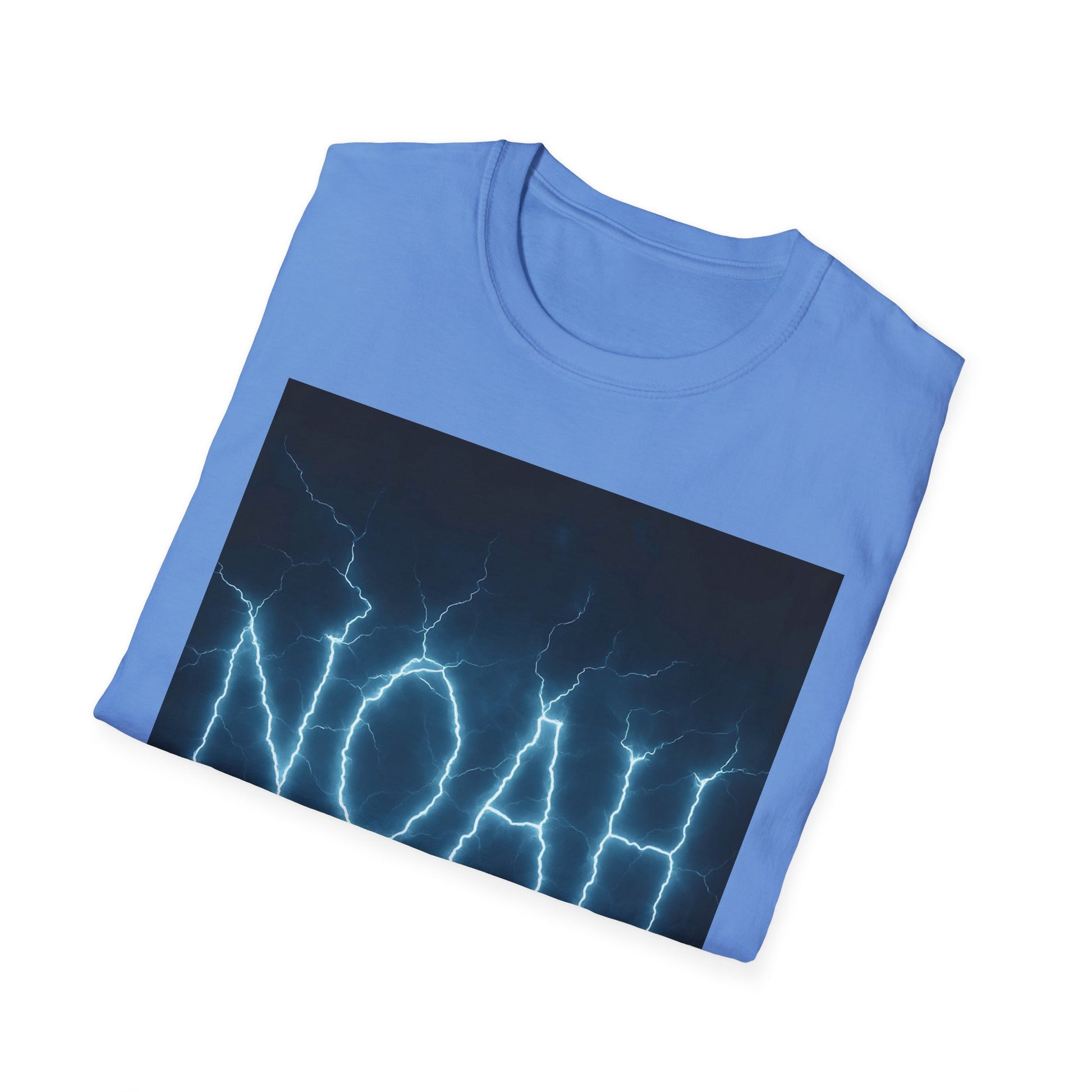 Blue short-sleeve T-shirt with a dark rectangular graphic featuring blue lightning bolts across the front.