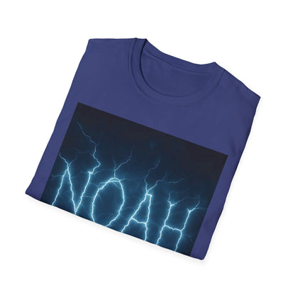 Blue T-shirt with a large rectangular graphic showing bright blue lightning bolts against a dark background.