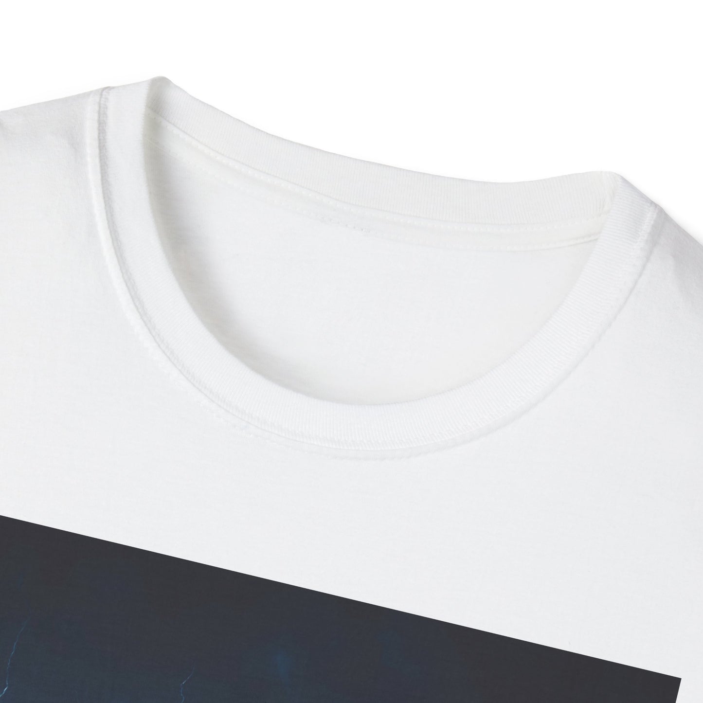 White cotton crew-neck T-shirt with a dark diagonal graphic across the front.