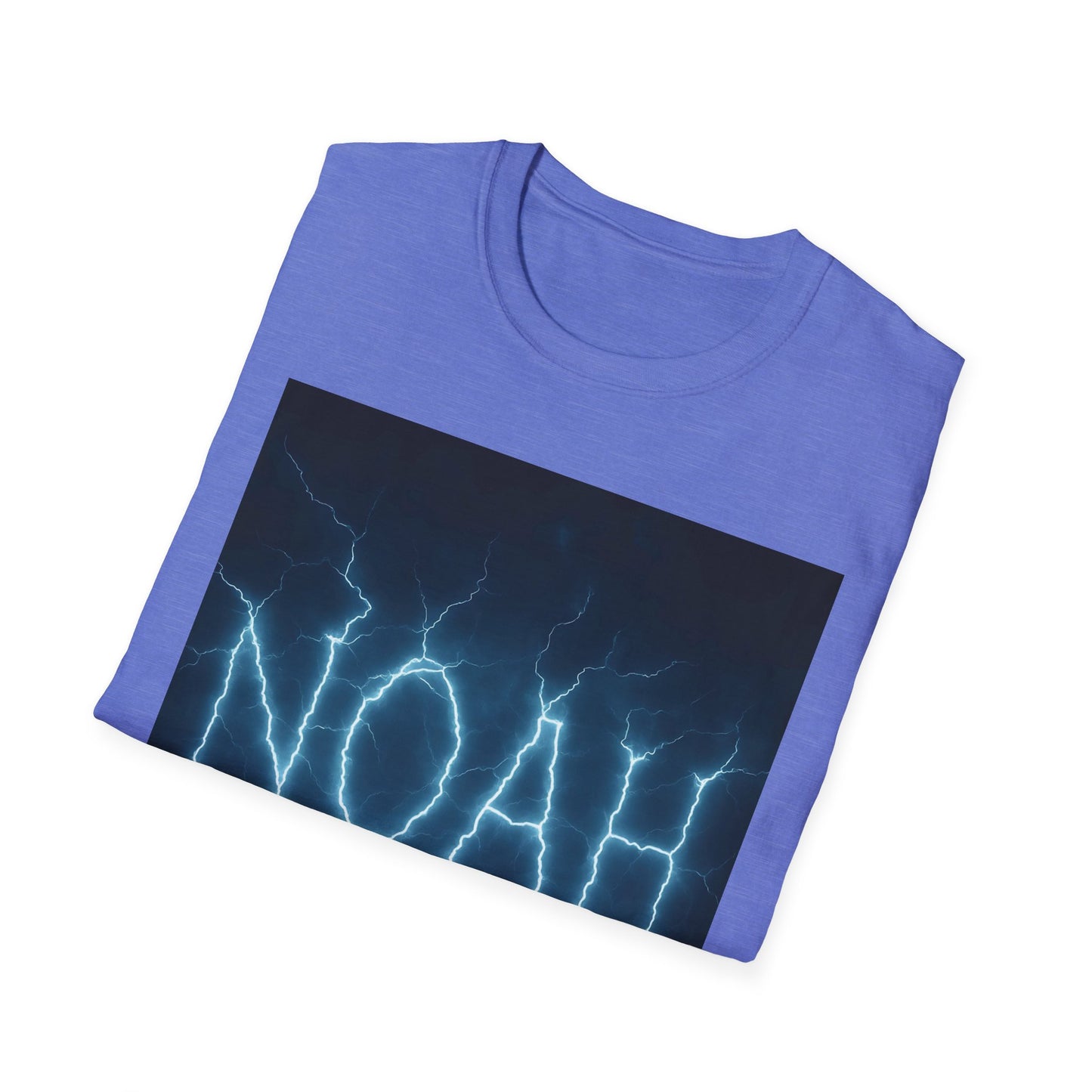 Purple crew-neck T-shirt with a large rectangular print of blue lightning against a dark background.