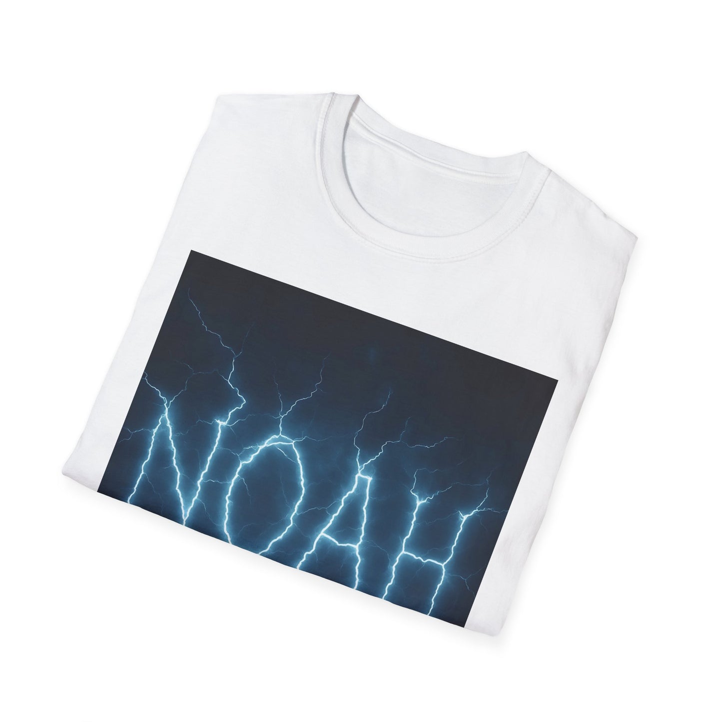 White crew-neck T-shirt with a large rectangular graphic of blue lightning bolts on a dark gradient background.