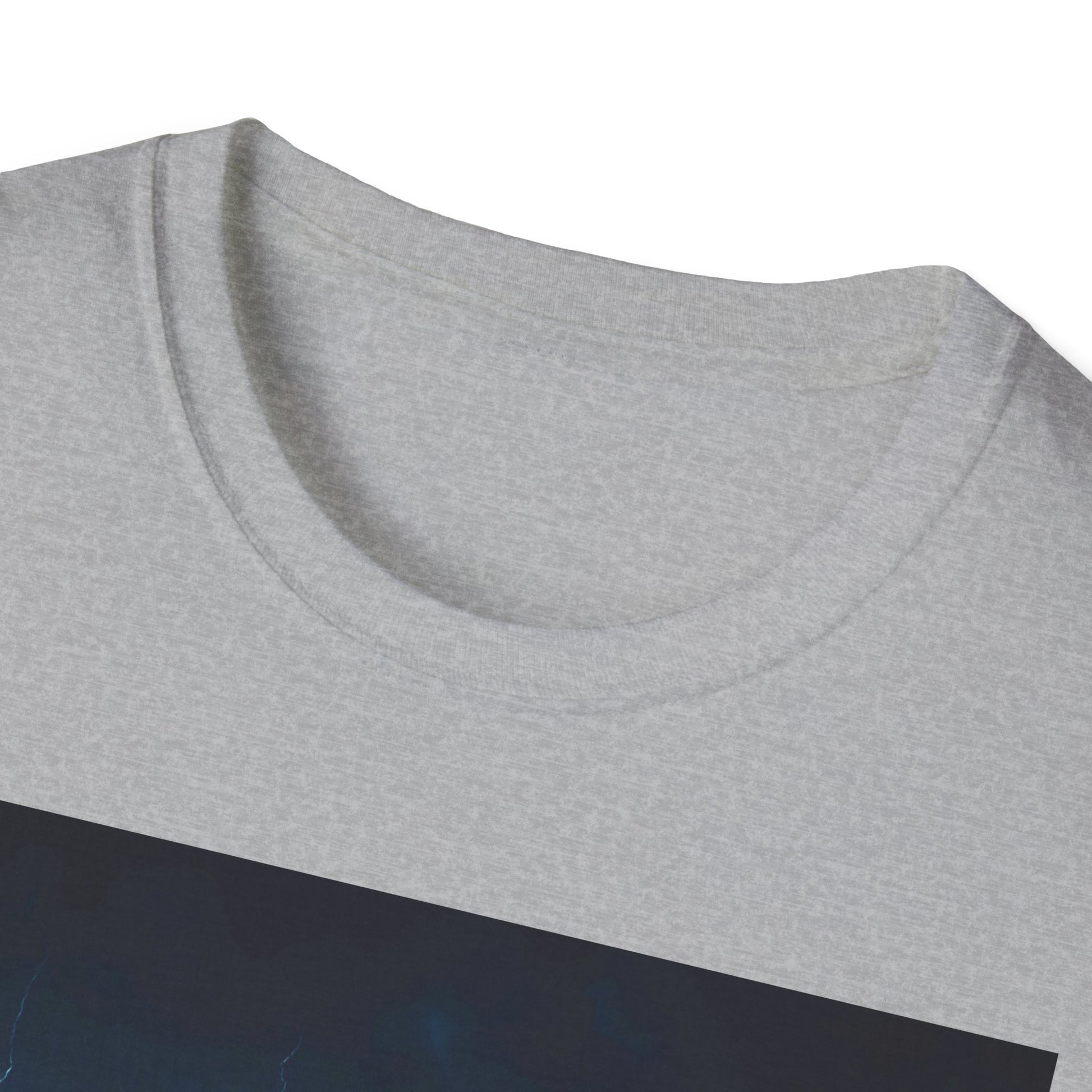 Close-up of a light gray heather crew-neck T-shirt with a dark navy graphic panel along the bottom.
