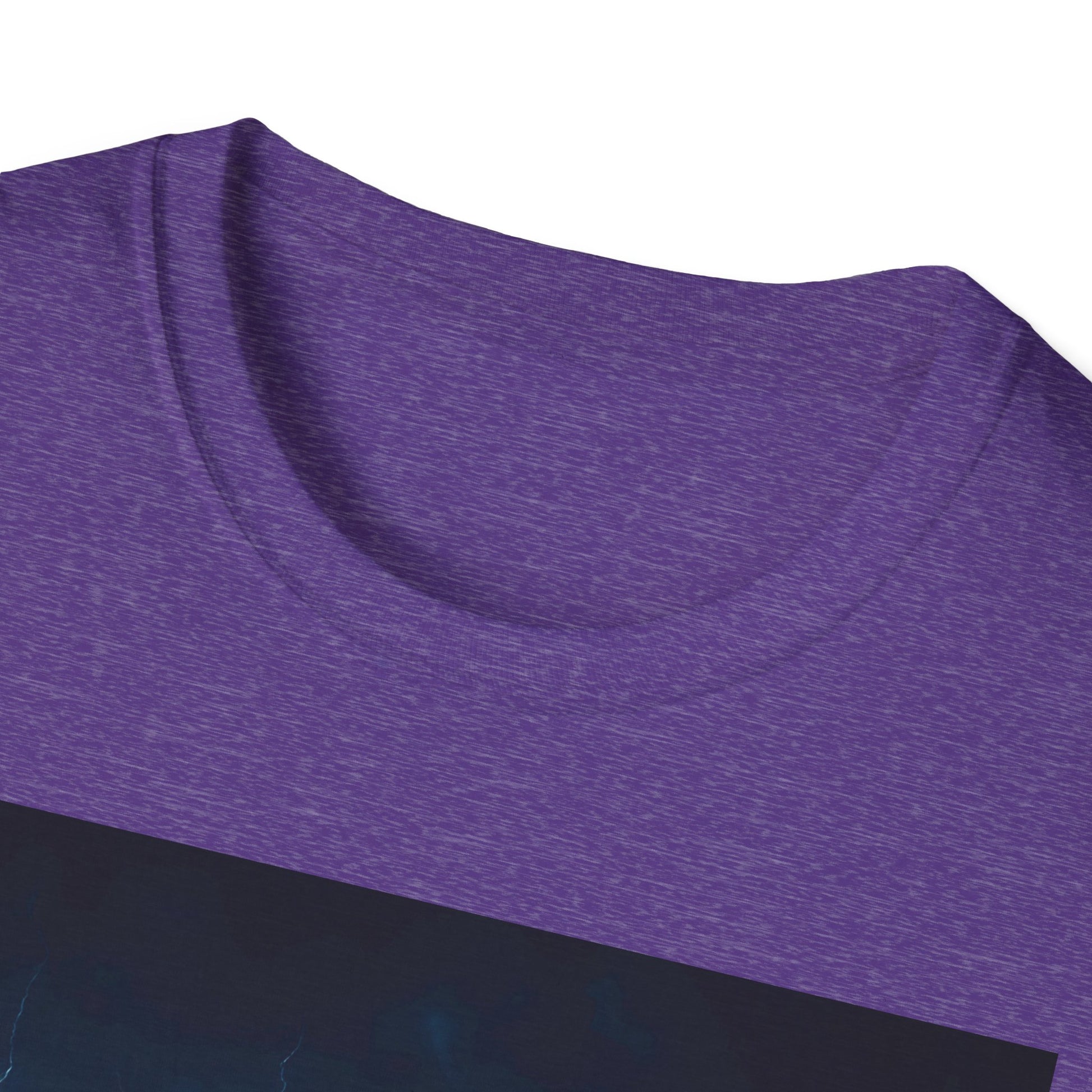 Close-up of a purple, heathered T-shirt fabric with a curved neckline.