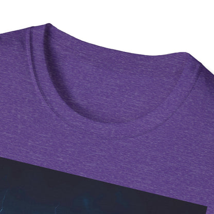 Close-up of a purple, heathered T-shirt fabric with a curved neckline.