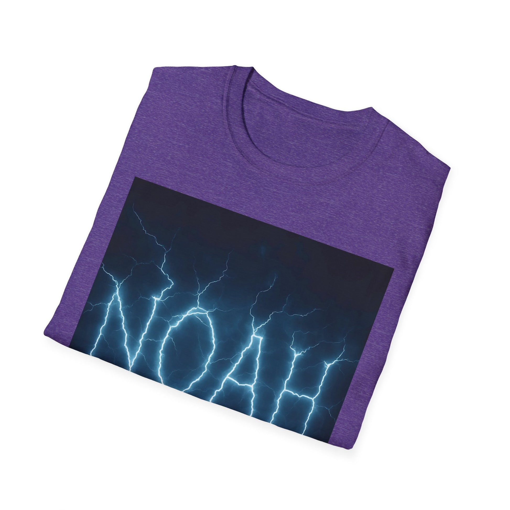 Purple heathered short-sleeve t-shirt with a large rectangular graphic of blue lightning bolts on a dark background.