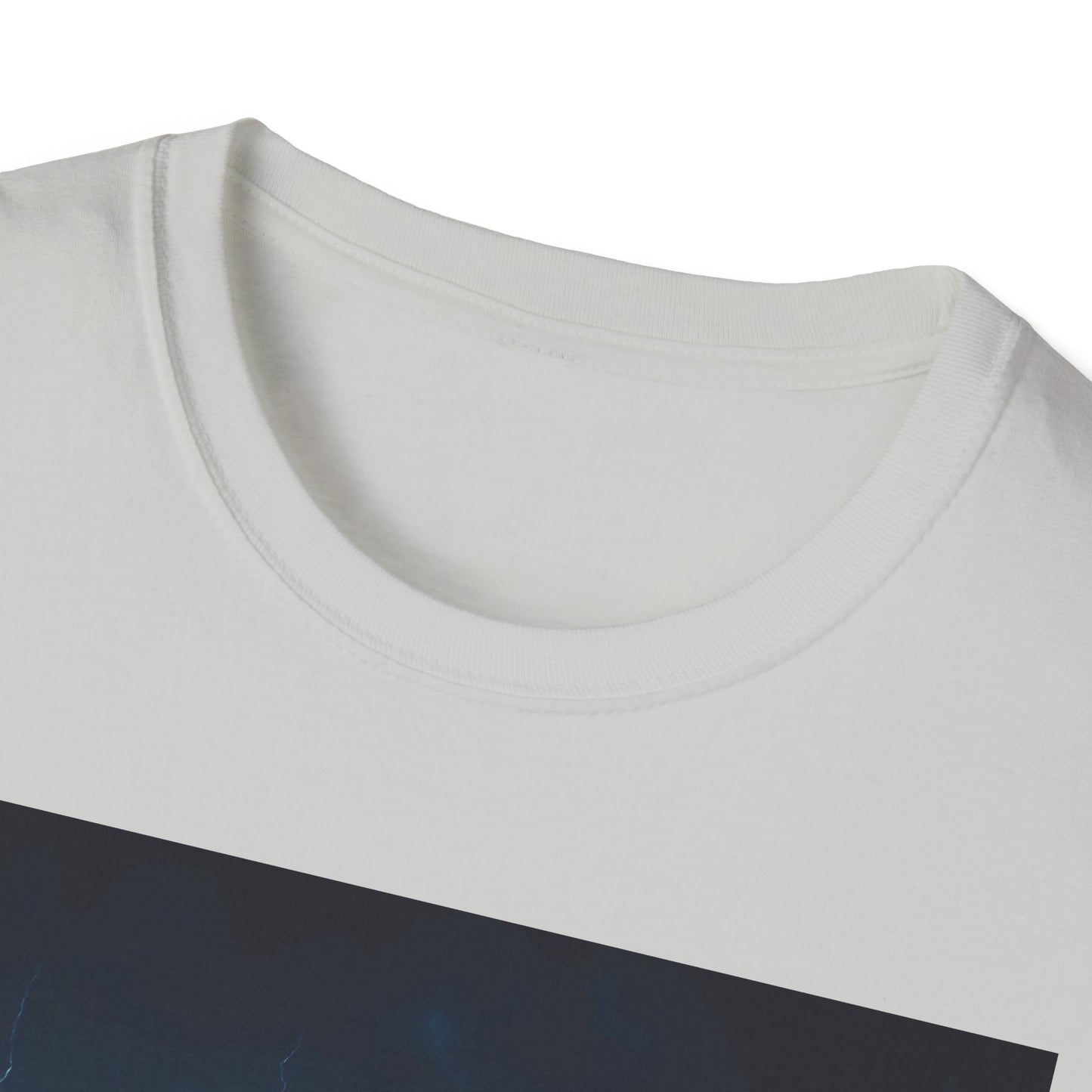 Close-up of a white cotton crewneck T-shirt with a ribbed collar and a dark blue angled graphic edge.
