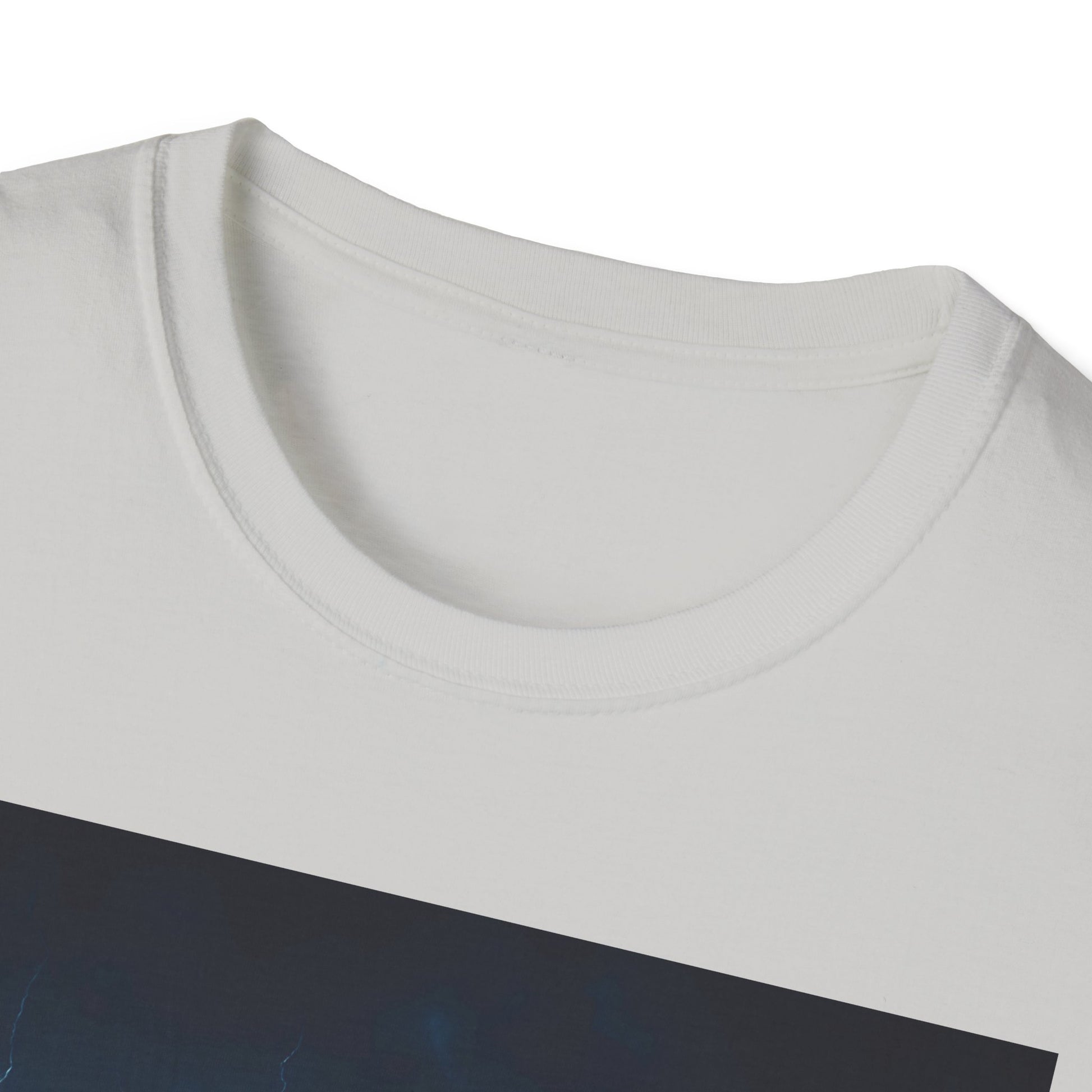 Close-up of a white cotton crewneck T-shirt with a ribbed collar and a dark blue angled graphic edge.