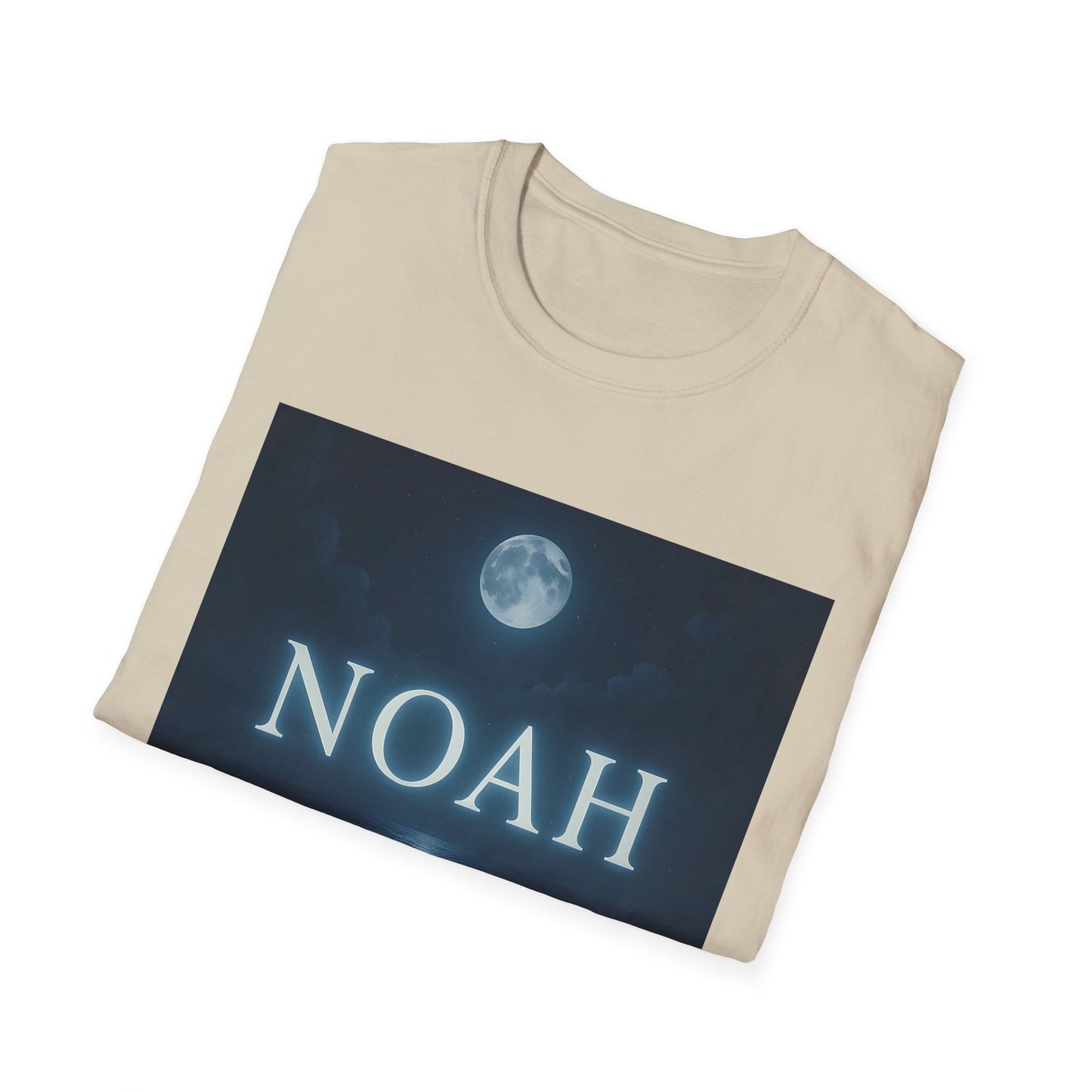 Beige crewneck sweatshirt featuring a dark blue moonlit rectangle graphic with the word NOAH.