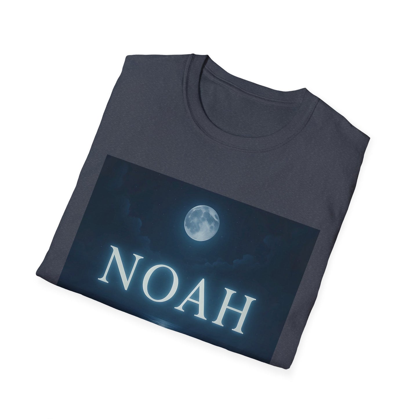 Dark blue folded t-shirt with a rectangular night-sky graphic showing a full moon and the word NOAH.
