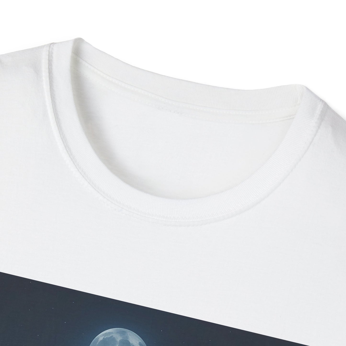 Close-up of a white crew-neck T-shirt with a dark blue diagonal graphic featuring a moon illustration.