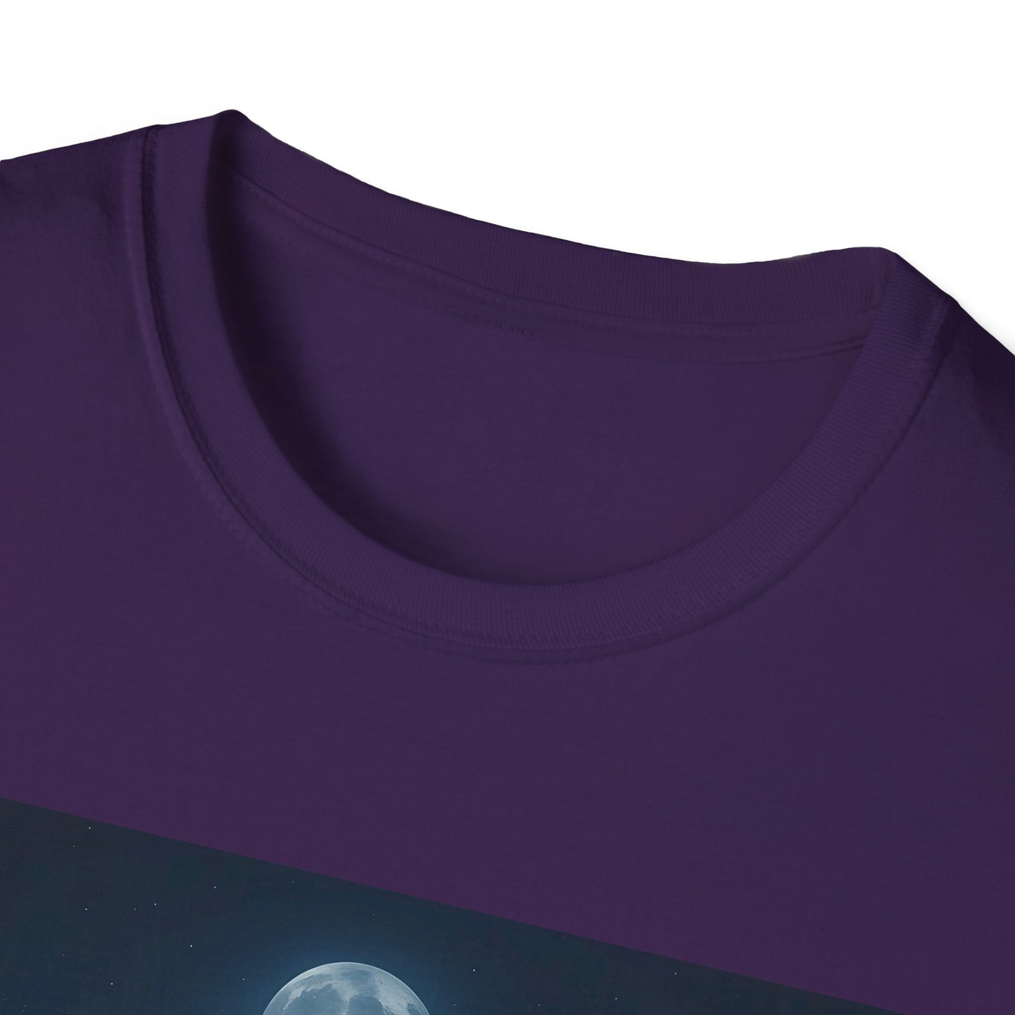 Close-up of a purple crewneck T-shirt with a dark blue-green graphic featuring a moon partially visible.