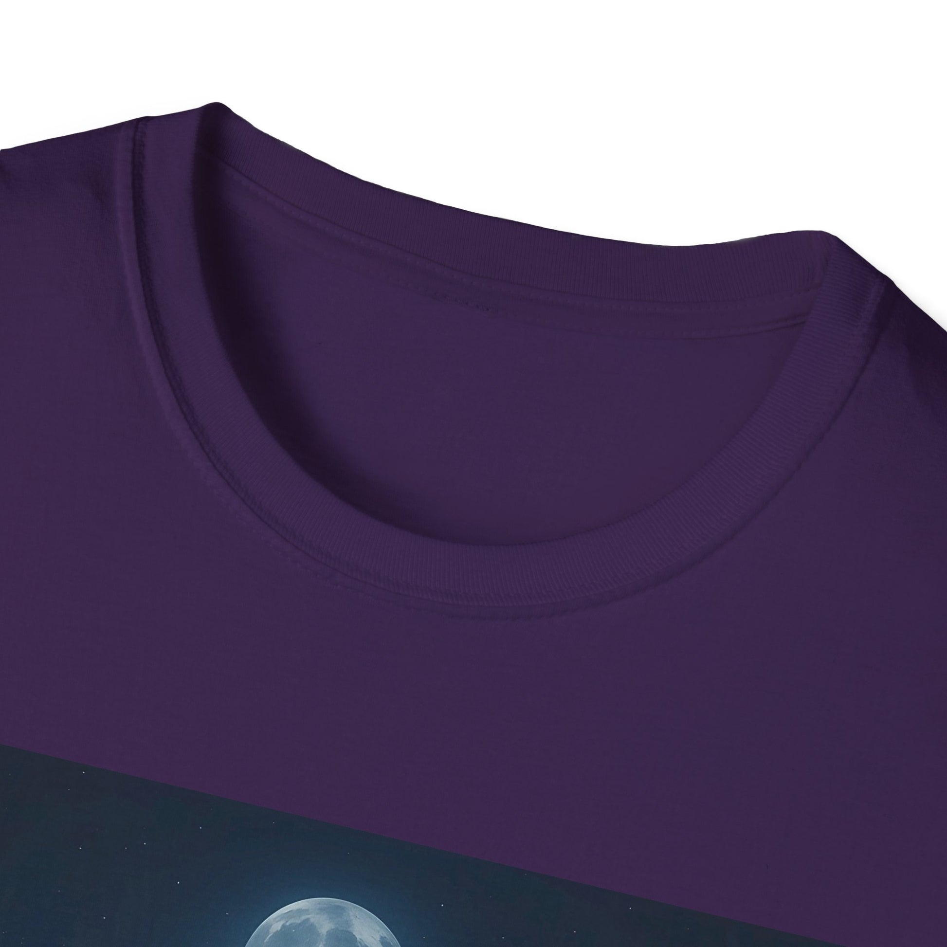 Close-up of a purple crewneck T-shirt with a dark blue-green graphic featuring a moon partially visible.