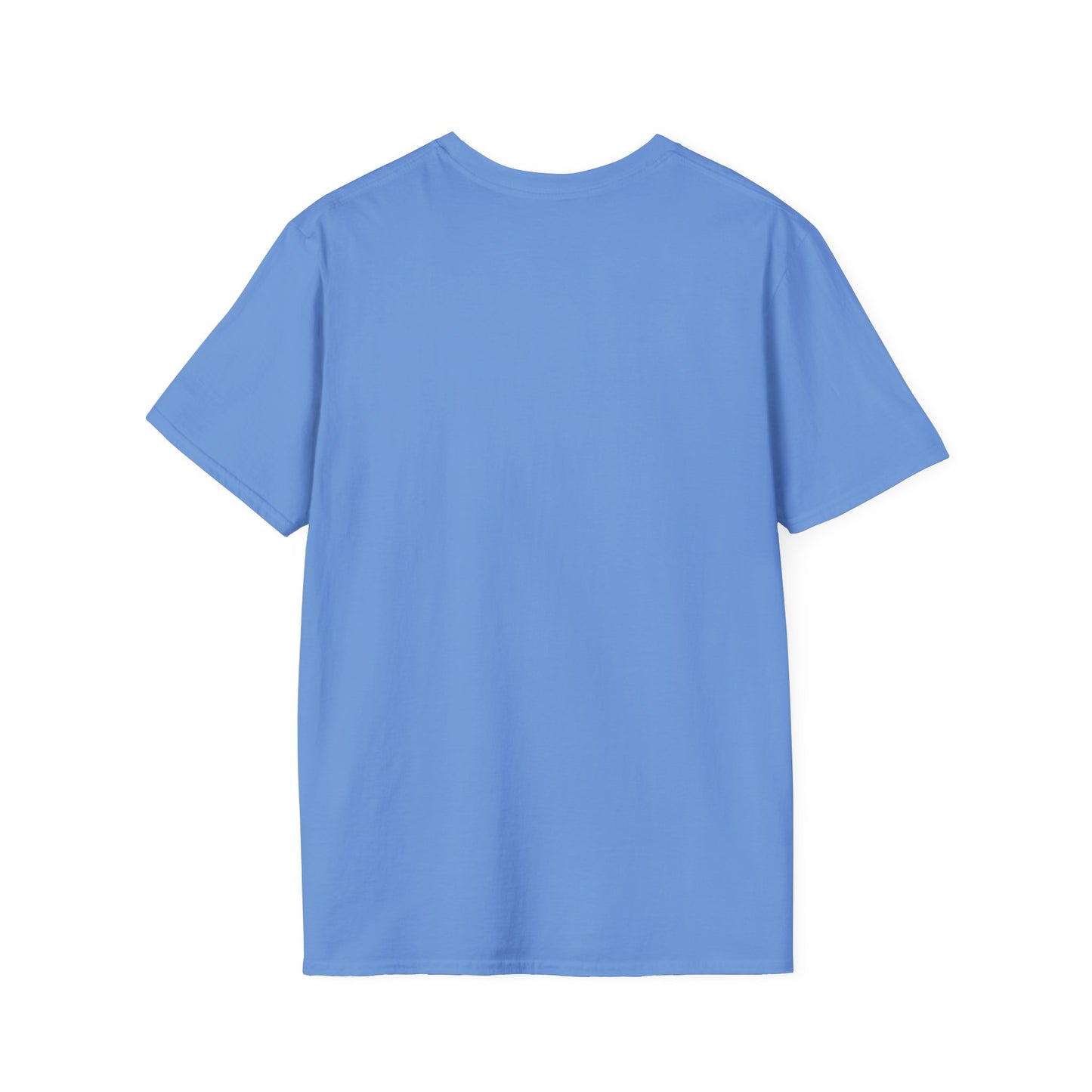 Light blue short-sleeve T-shirt viewed from the back, plain knit fabric.
