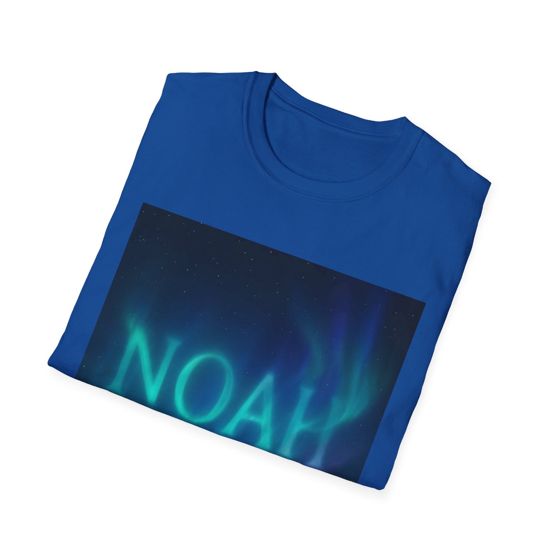Blue T-shirt featuring a rectangular night-sky graphic with stars and green aurora, and the letters NOAA across the bottom.