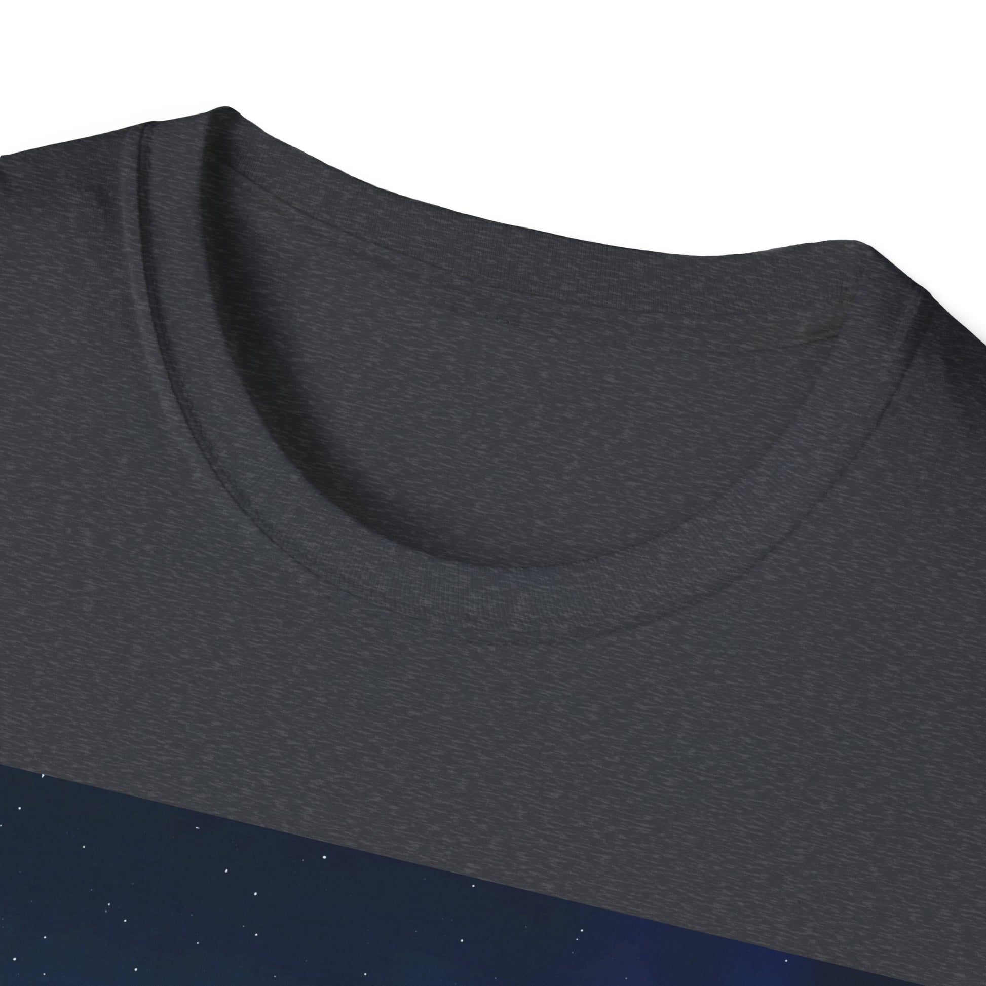 Close-up of a dark gray heathered crew-neck T-shirt showing the curved neckline and fabric texture.