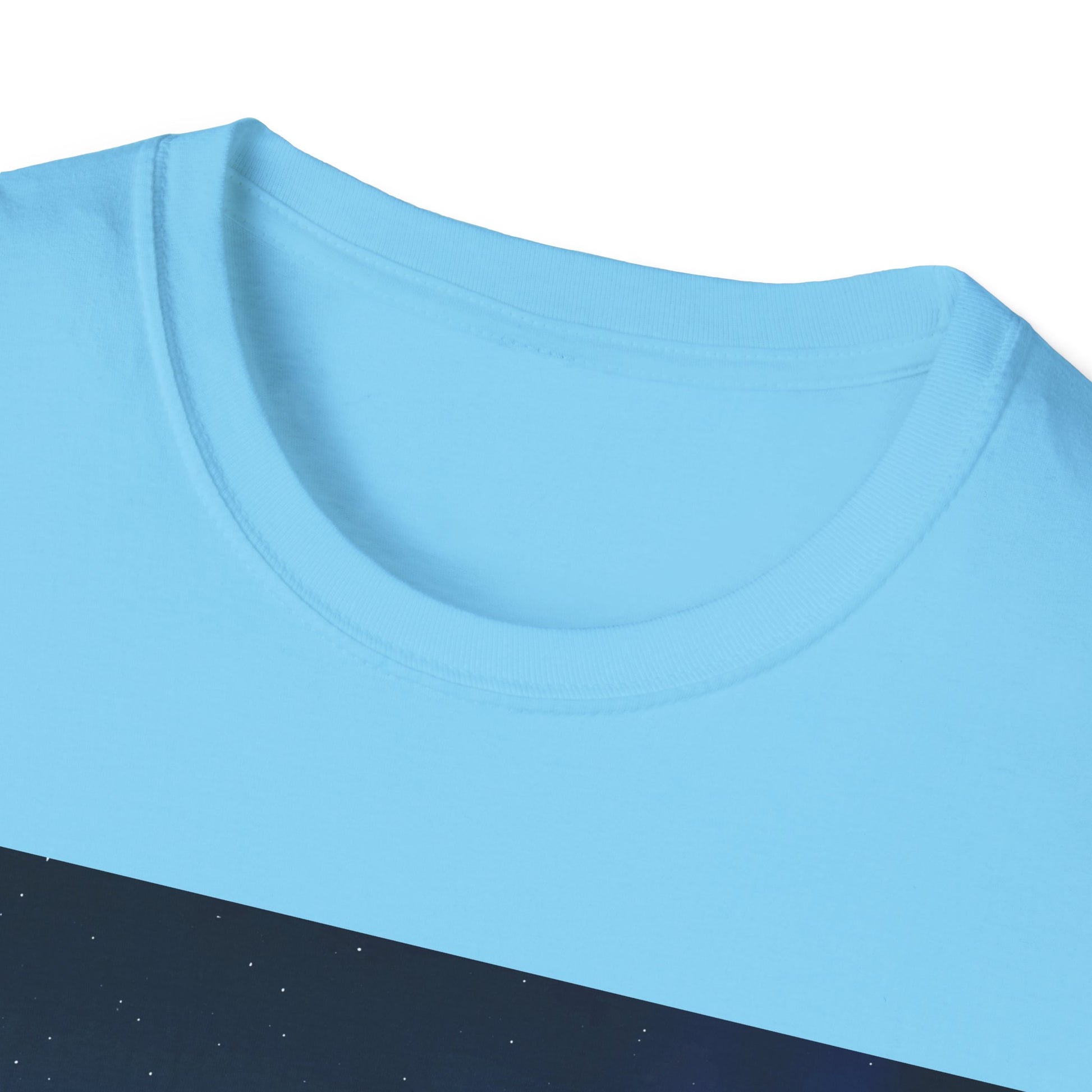 Close-up of a light blue crew-neck T-shirt showing the ribbed collar and a dark navy panel with small white specks.