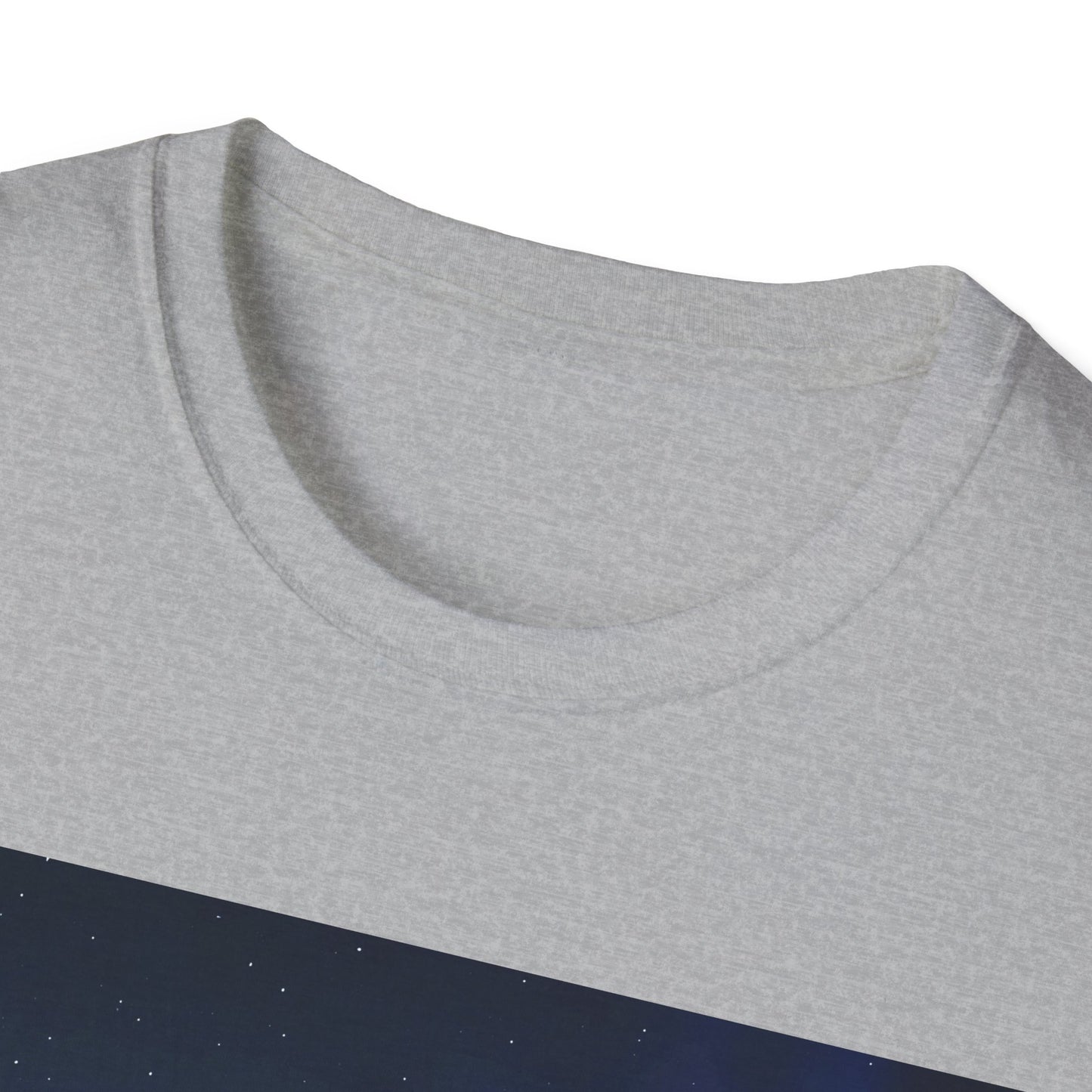 Close-up of a light gray heathered crewneck T-shirt with a dark blue panel featuring small white specks along the bottom edge.
