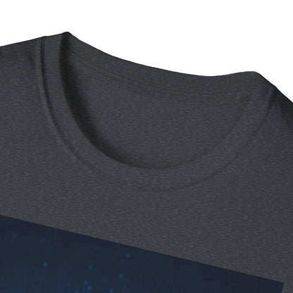 Close-up of a dark gray heathered t-shirt neckline and upper chest.