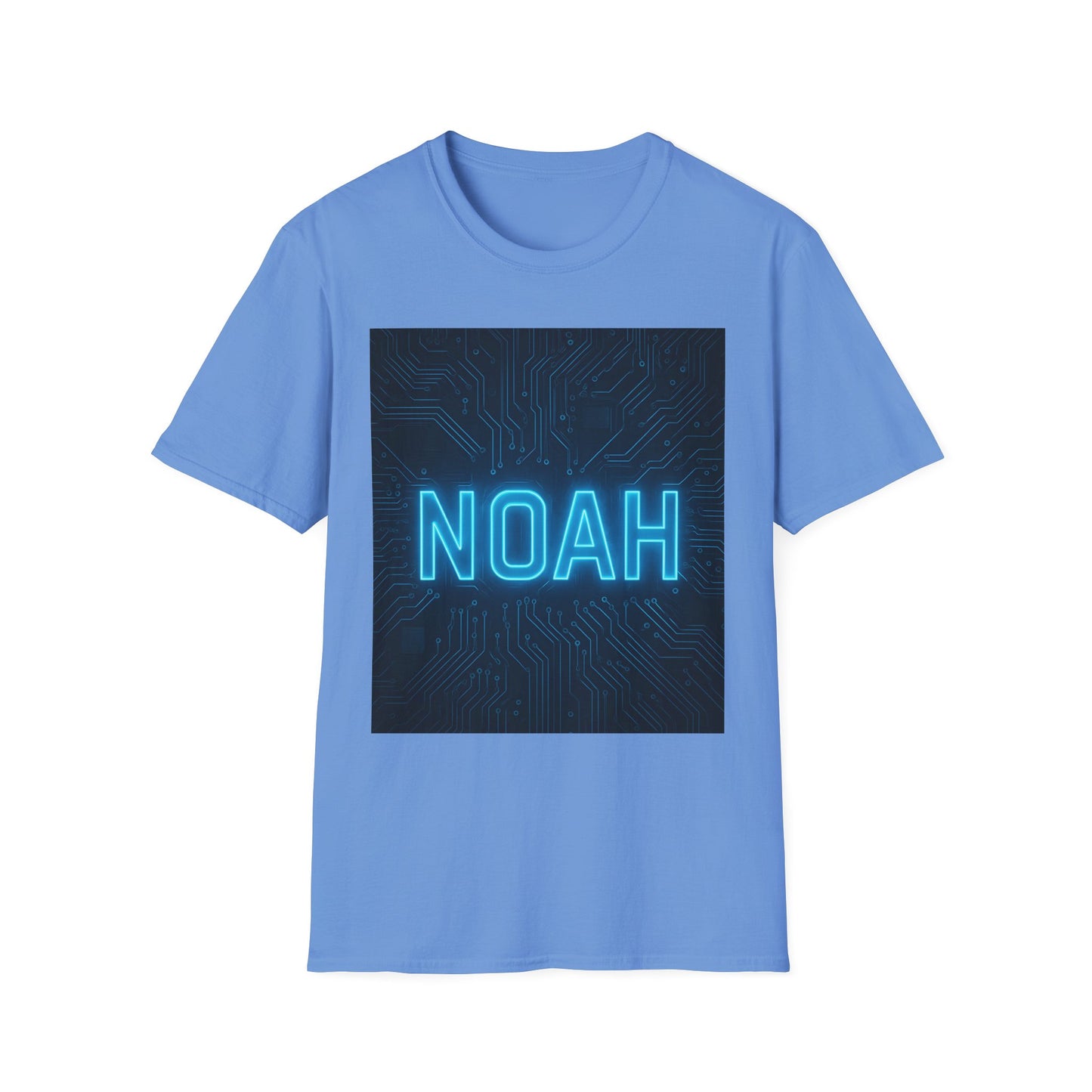 Light blue short-sleeve T-shirt with a dark square circuit-board graphic and neon blue "NOAH" text.