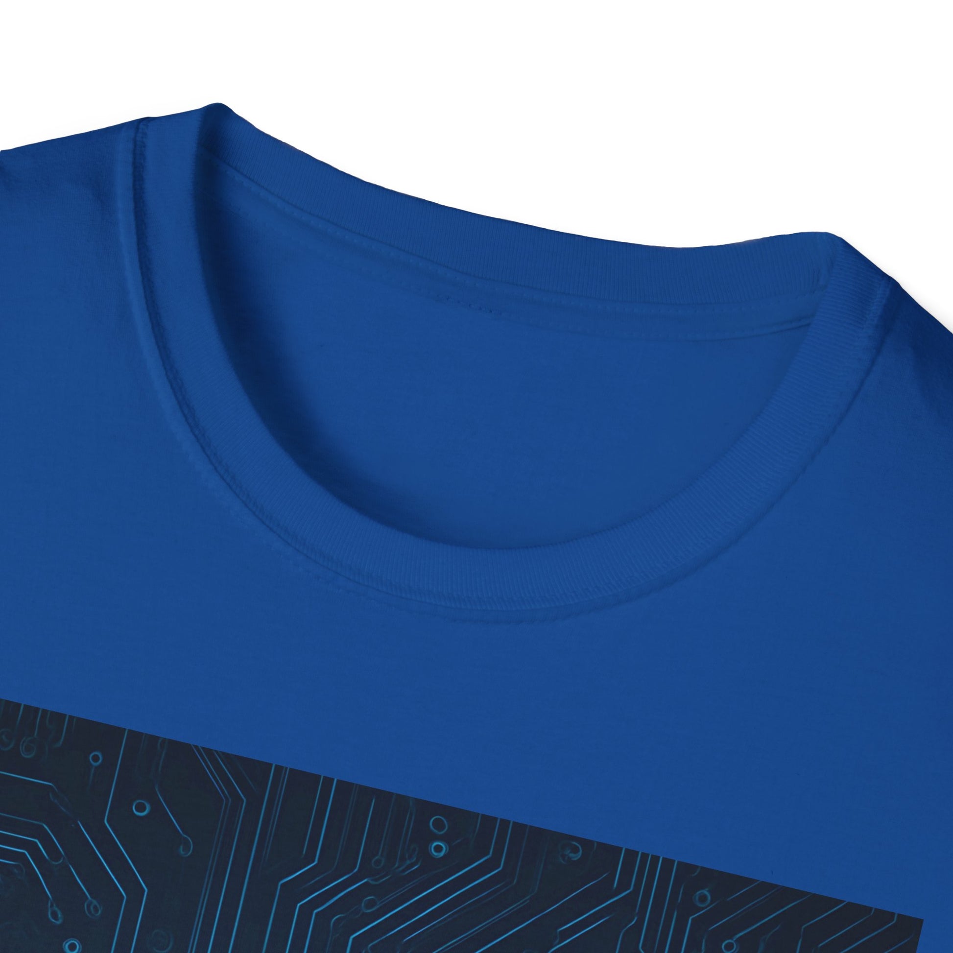 Blue crew-neck T-shirt with a diagonal dark panel showing a circuit board pattern.