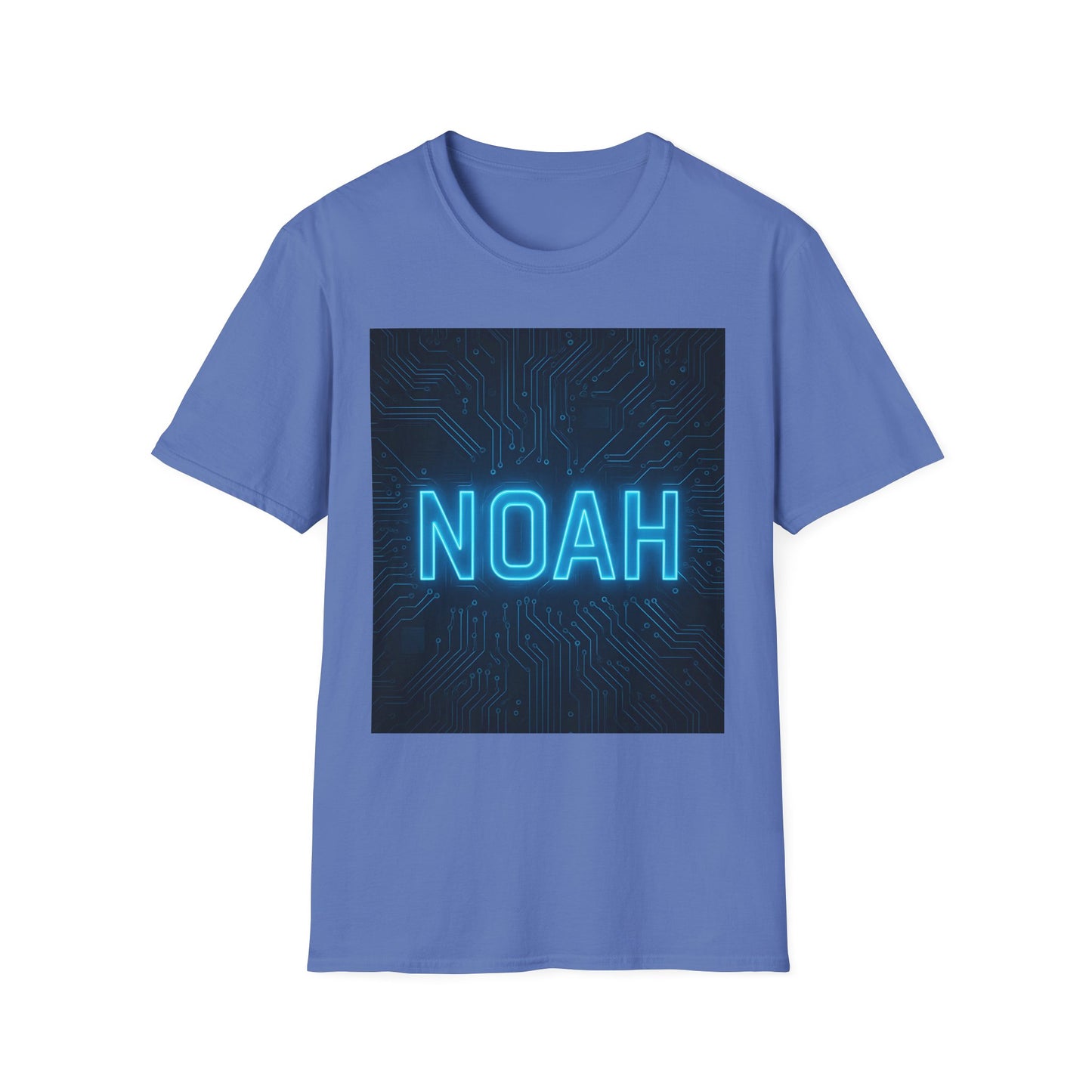 Blue short-sleeve T-shirt featuring a dark square circuit-board graphic with neon blue 'NOAH' text.