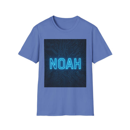 Blue short-sleeve T-shirt featuring a dark square circuit-board graphic with neon blue 'NOAH' text.