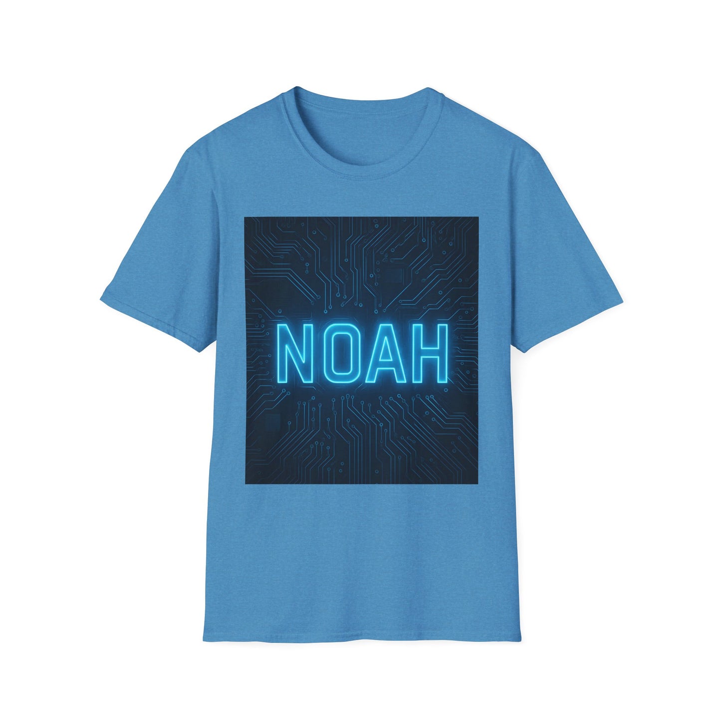 Blue short-sleeve T-shirt with a dark circuit-board panel and a glowing cyan "NOAH" lettering.