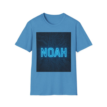 Blue short-sleeve T-shirt with a dark circuit-board panel and a glowing cyan "NOAH" lettering.