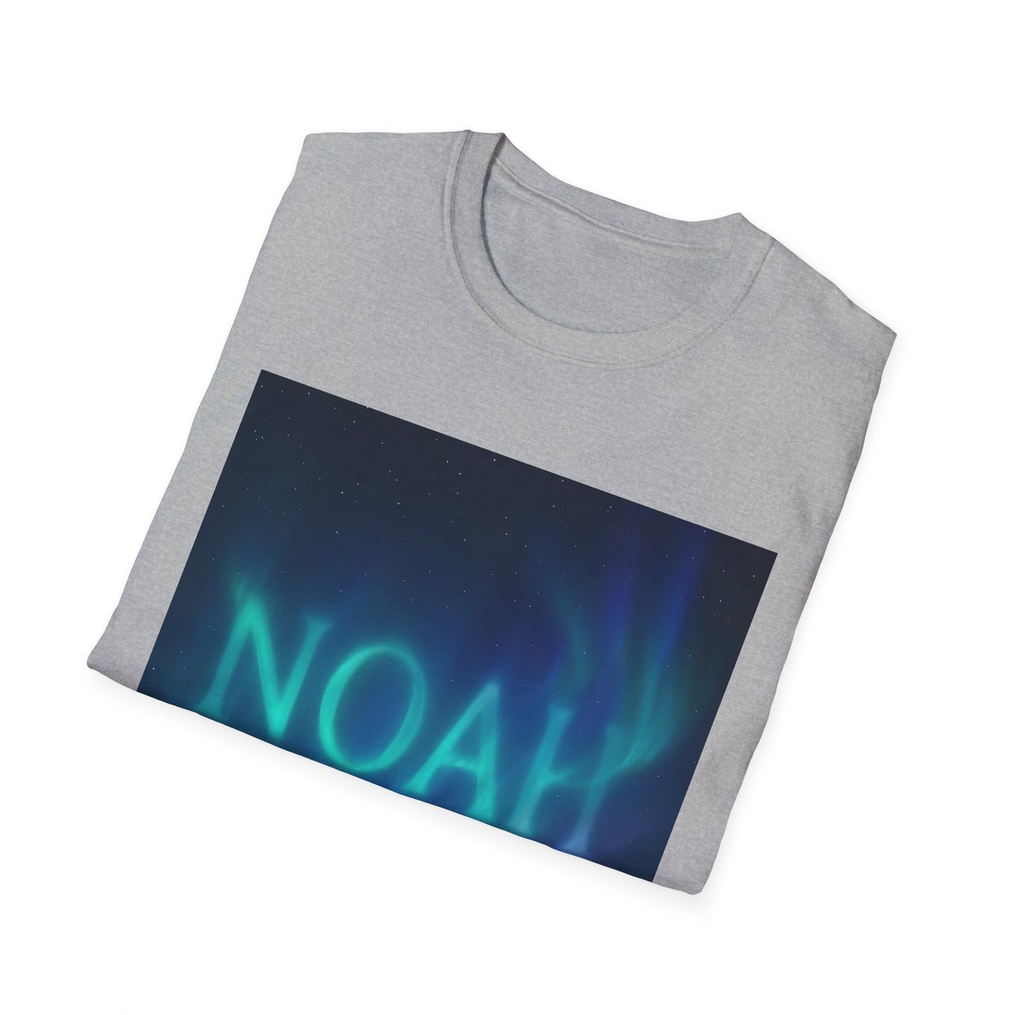Light gray crewneck sweatshirt with a large rectangular image of blue-green aurora and the word 'NOAL' in cyan.