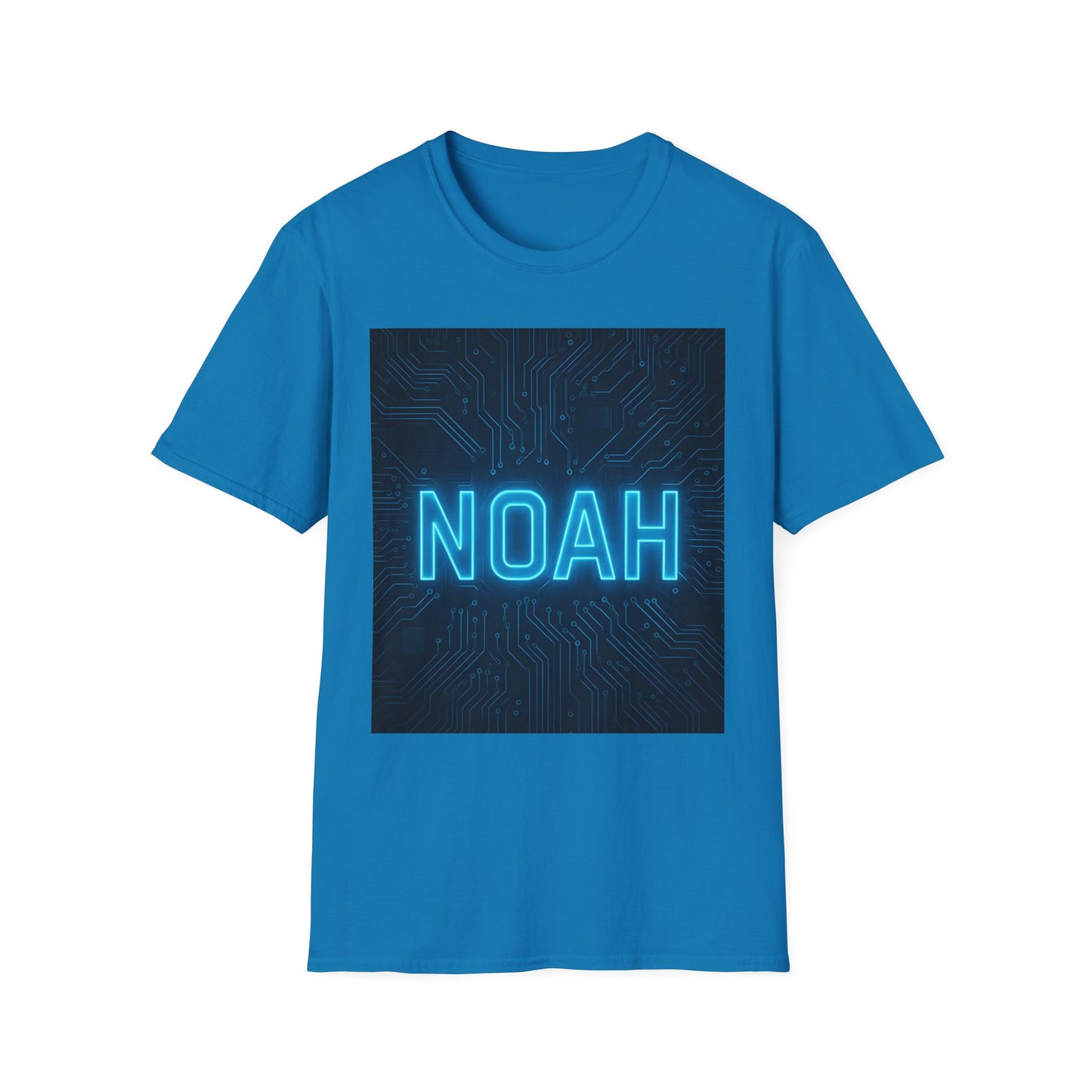 Blue crewneck t-shirt featuring a dark circuit-board square graphic with bright blue neon "NOAH" text.
