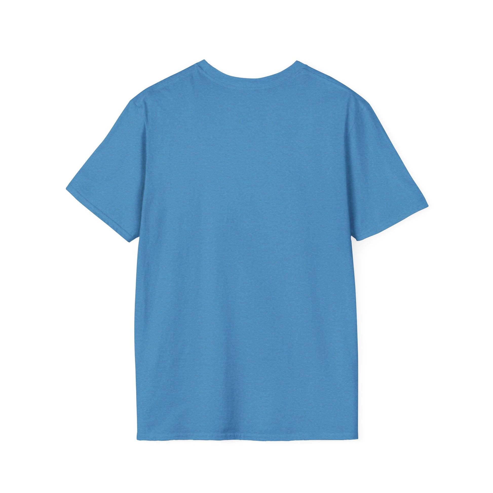 Back view of a solid blue short-sleeve T-shirt with a round neckline.