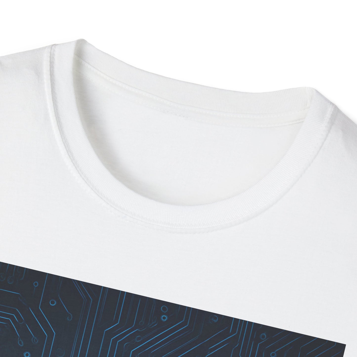 Close-up of a white crew-neck T-shirt with a diagonal dark blue circuit-pattern band across the front.