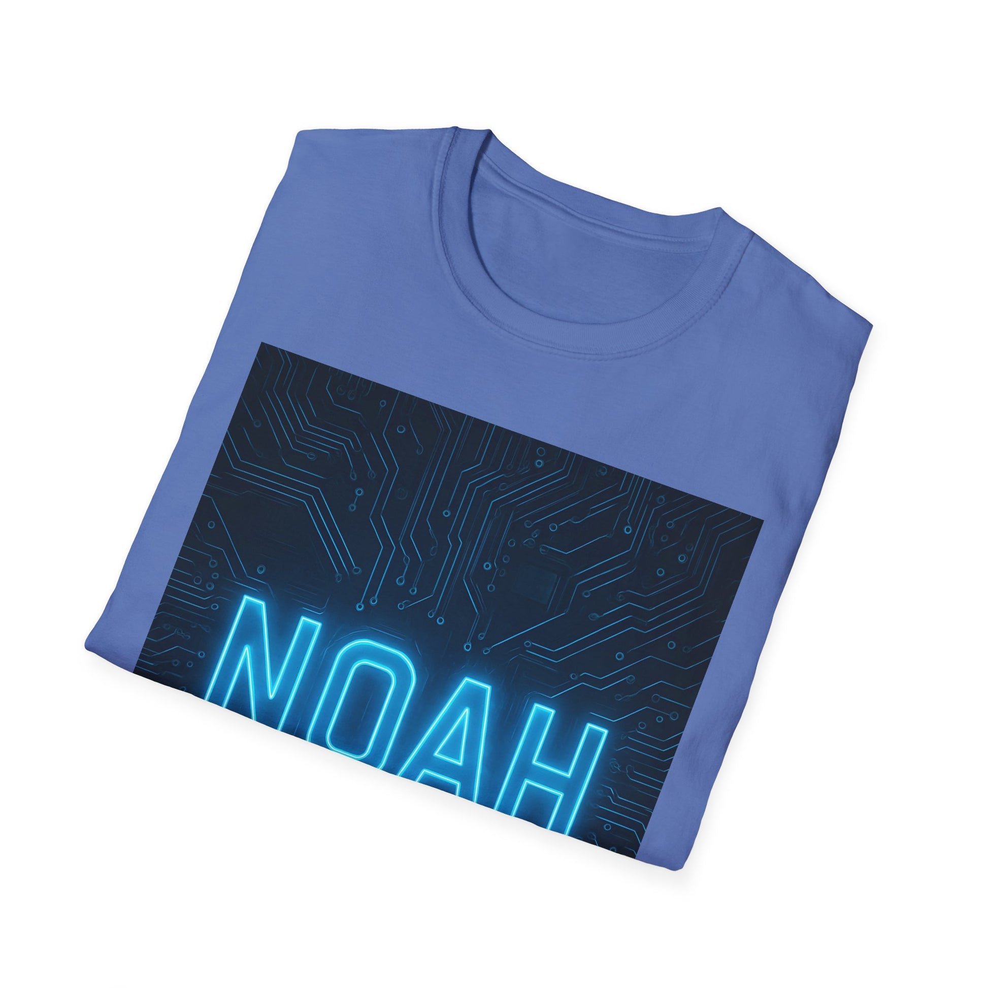 Light blue crew-neck T-shirt featuring a large dark circuit-board graphic with bright neon NOAH text along the bottom.