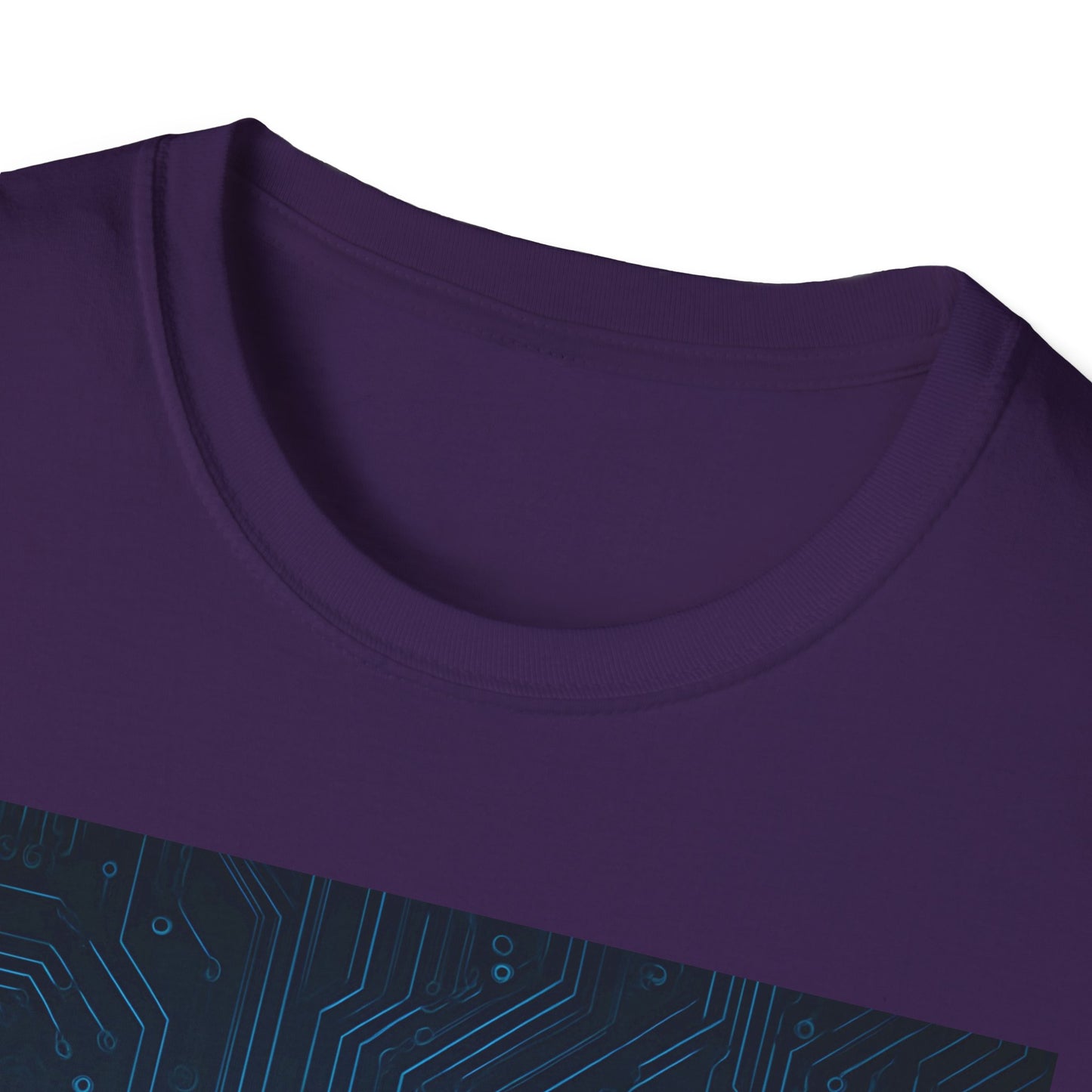 Close-up of a purple crewneck T-shirt with a diagonal panel featuring a blue circuit-board pattern.