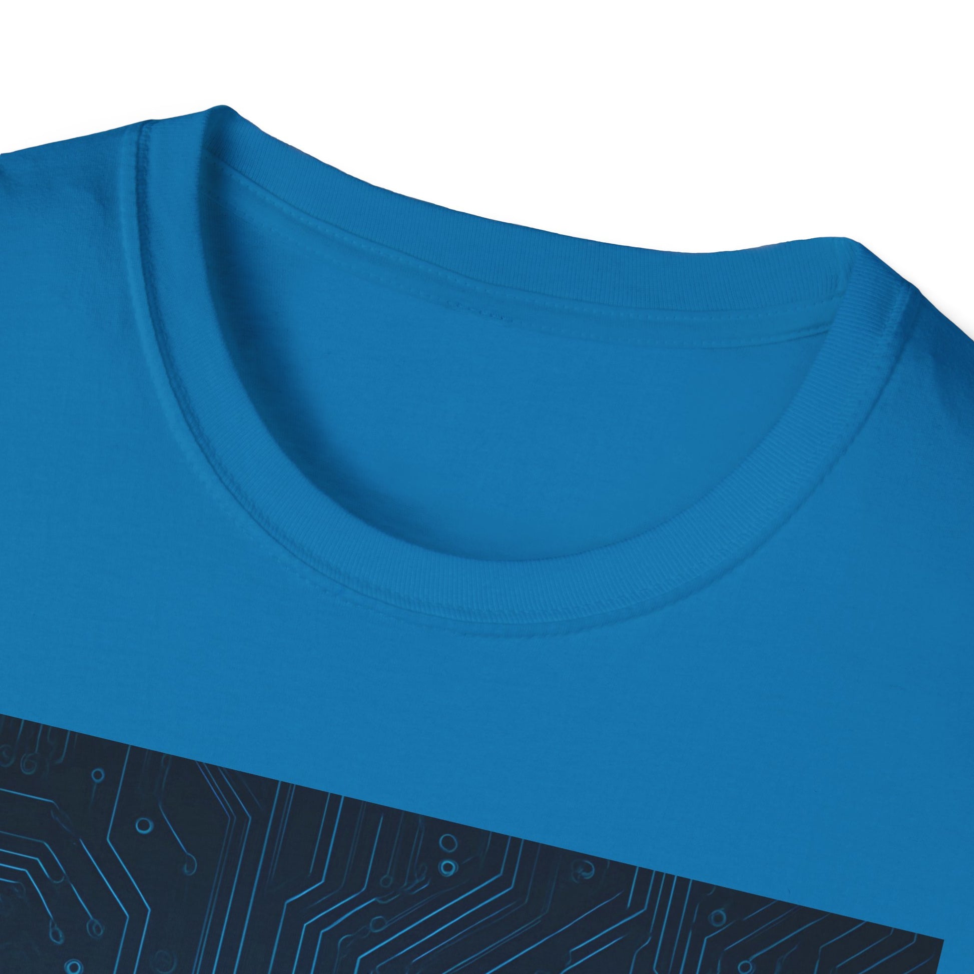 Blue crew-neck T-shirt with a dark circuit-pattern panel along the bottom edge.