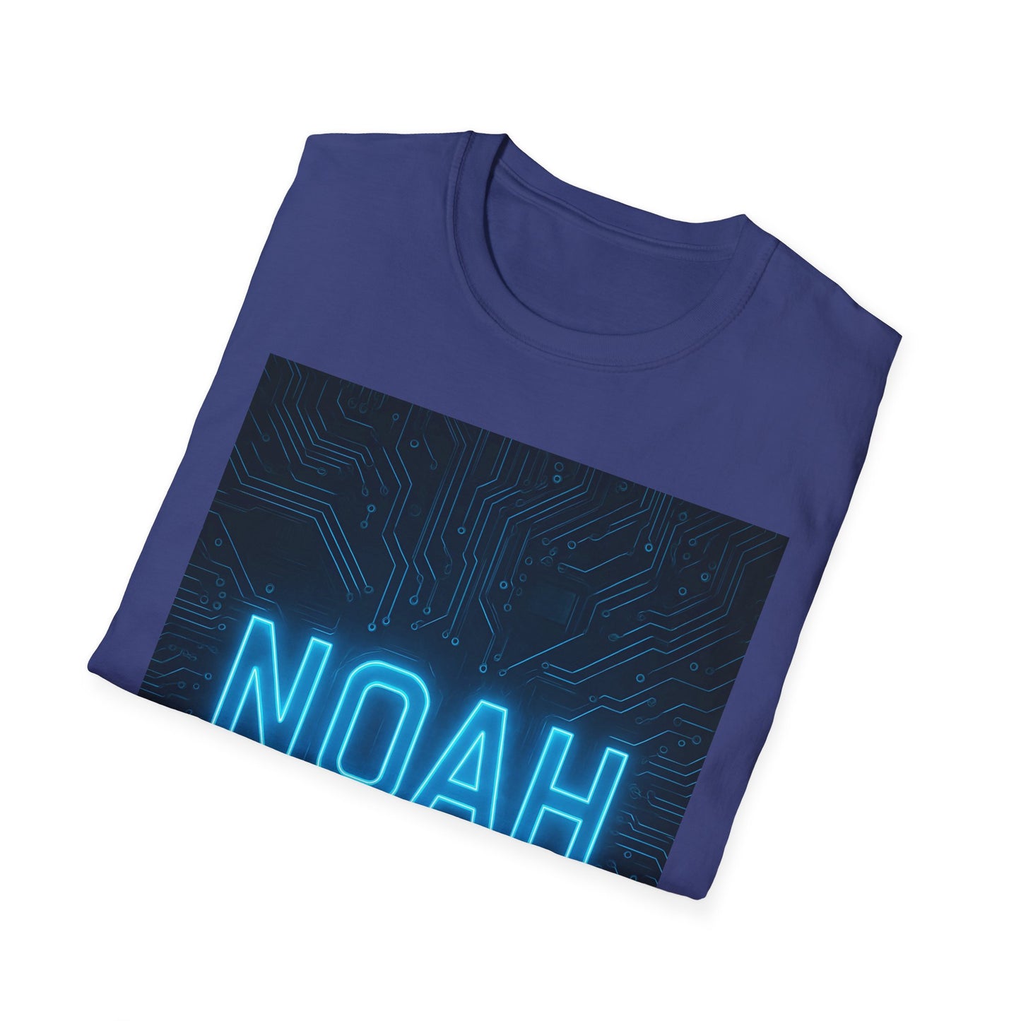 Blue T-shirt featuring a dark circuit-board panel with bright neon blue “NOAH” lettering along the bottom.