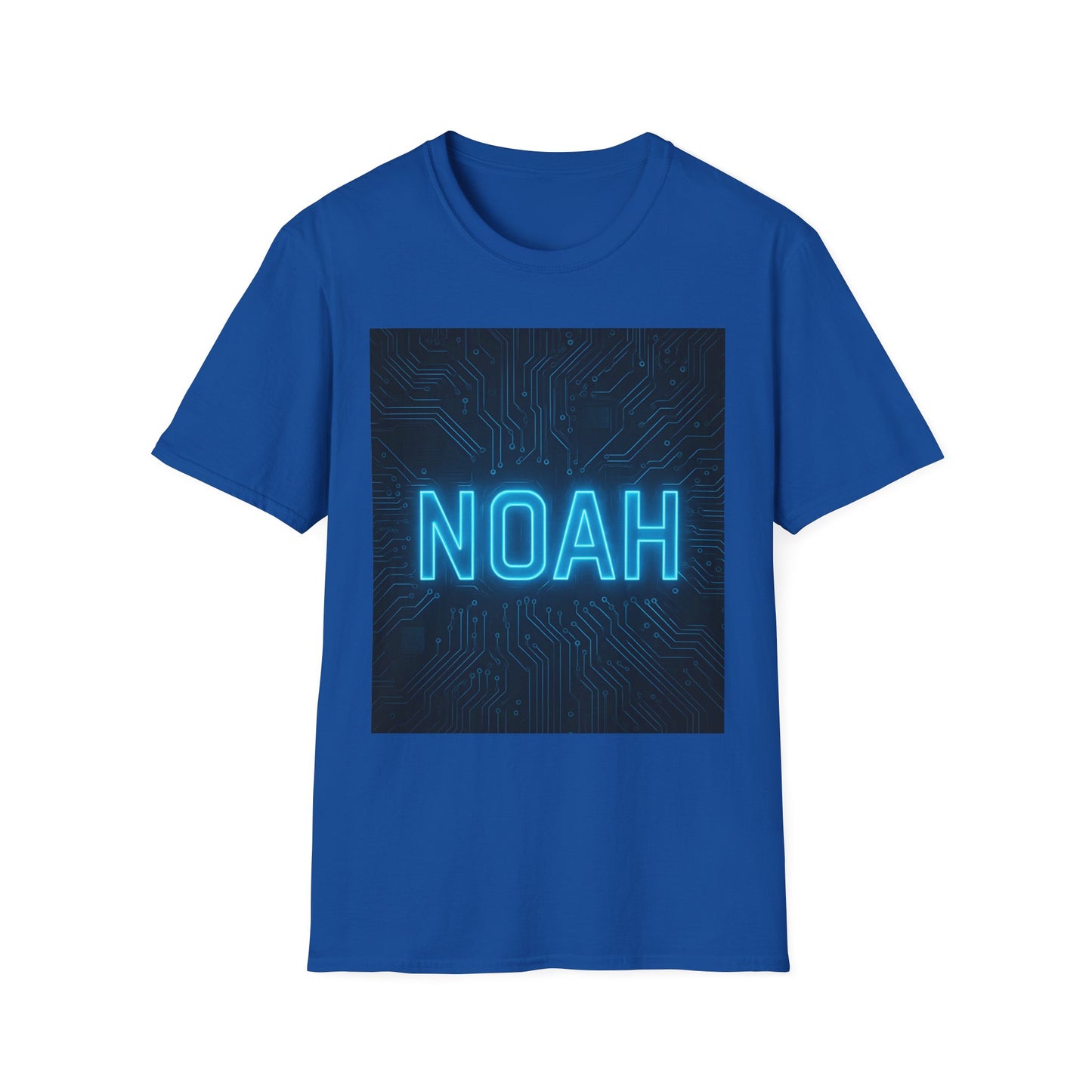 Blue short-sleeve T-shirt featuring a square dark circuit-board graphic with glowing blue "NOAH" text.