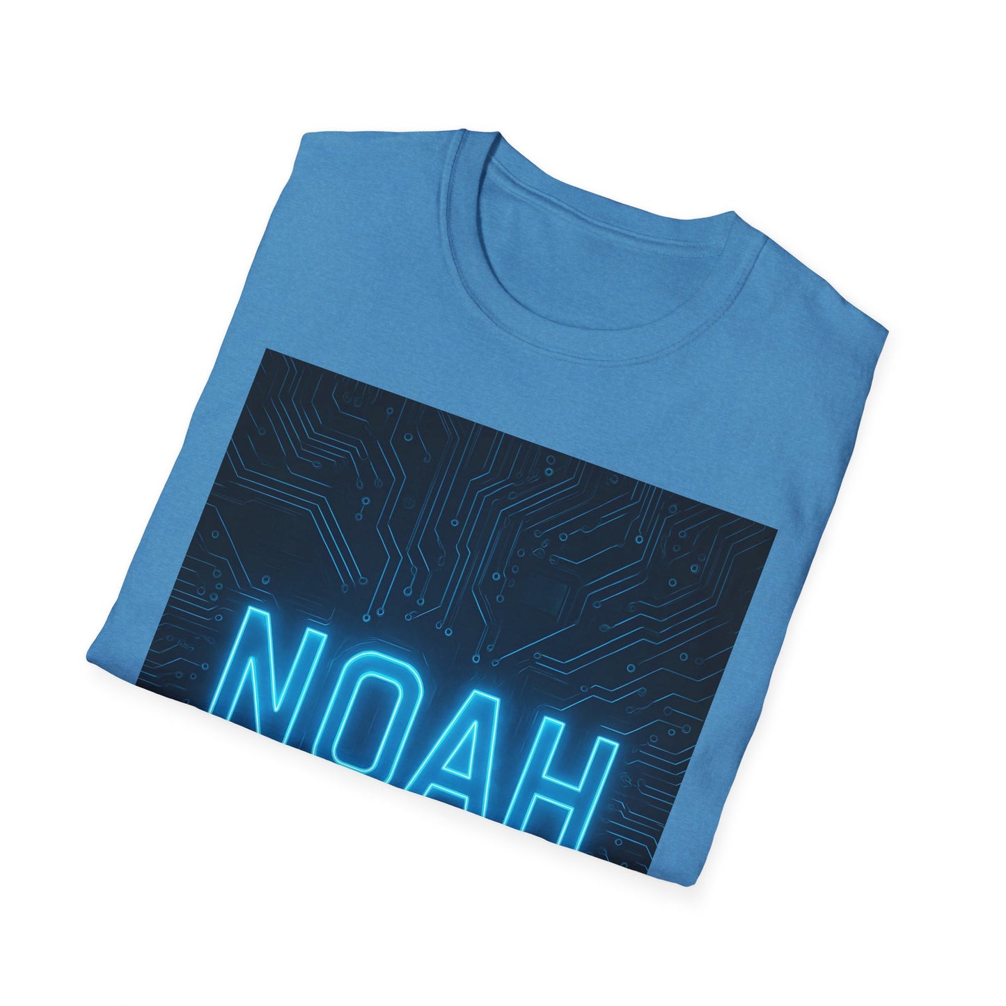 Blue crewneck t-shirt folded, featuring a dark rectangular circuit-board graphic and bright neon blue “NOAH” text.