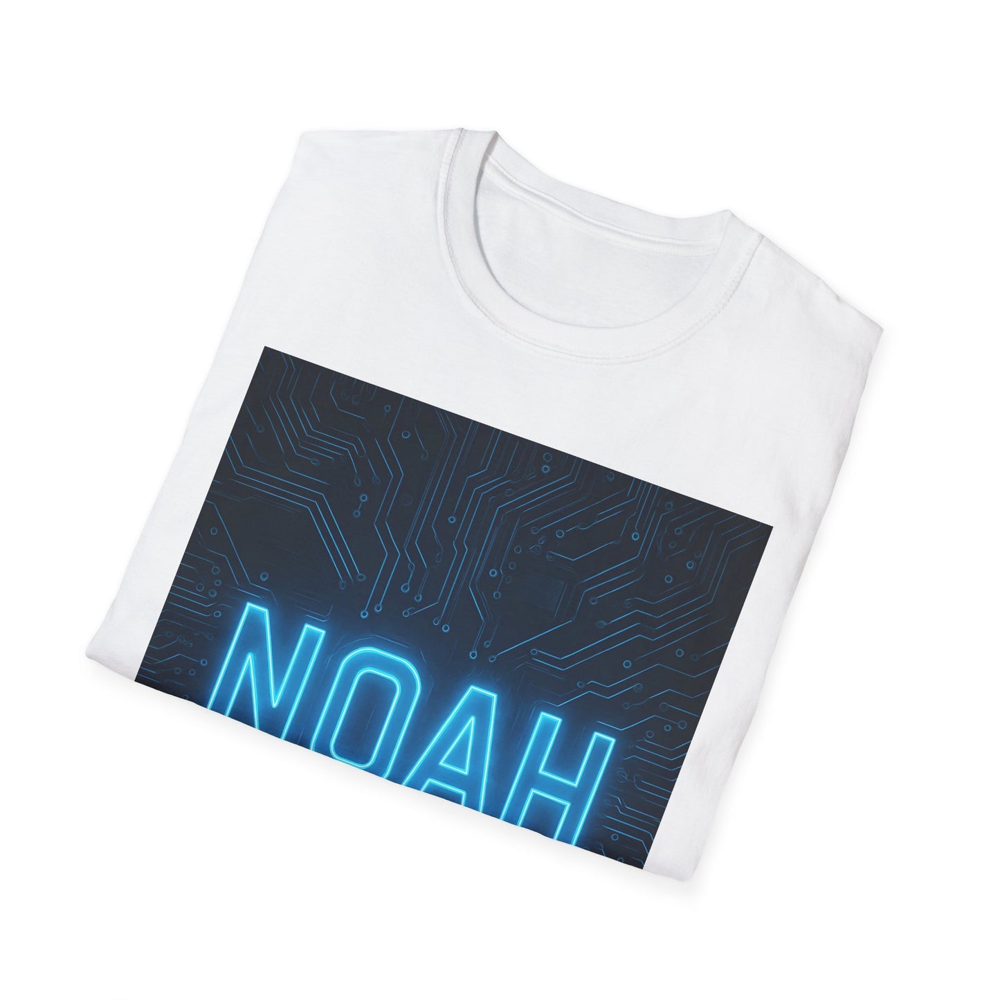 White crewneck T-shirt with a dark blue circuit-board graphic and glowing blue NOAH text across the front.