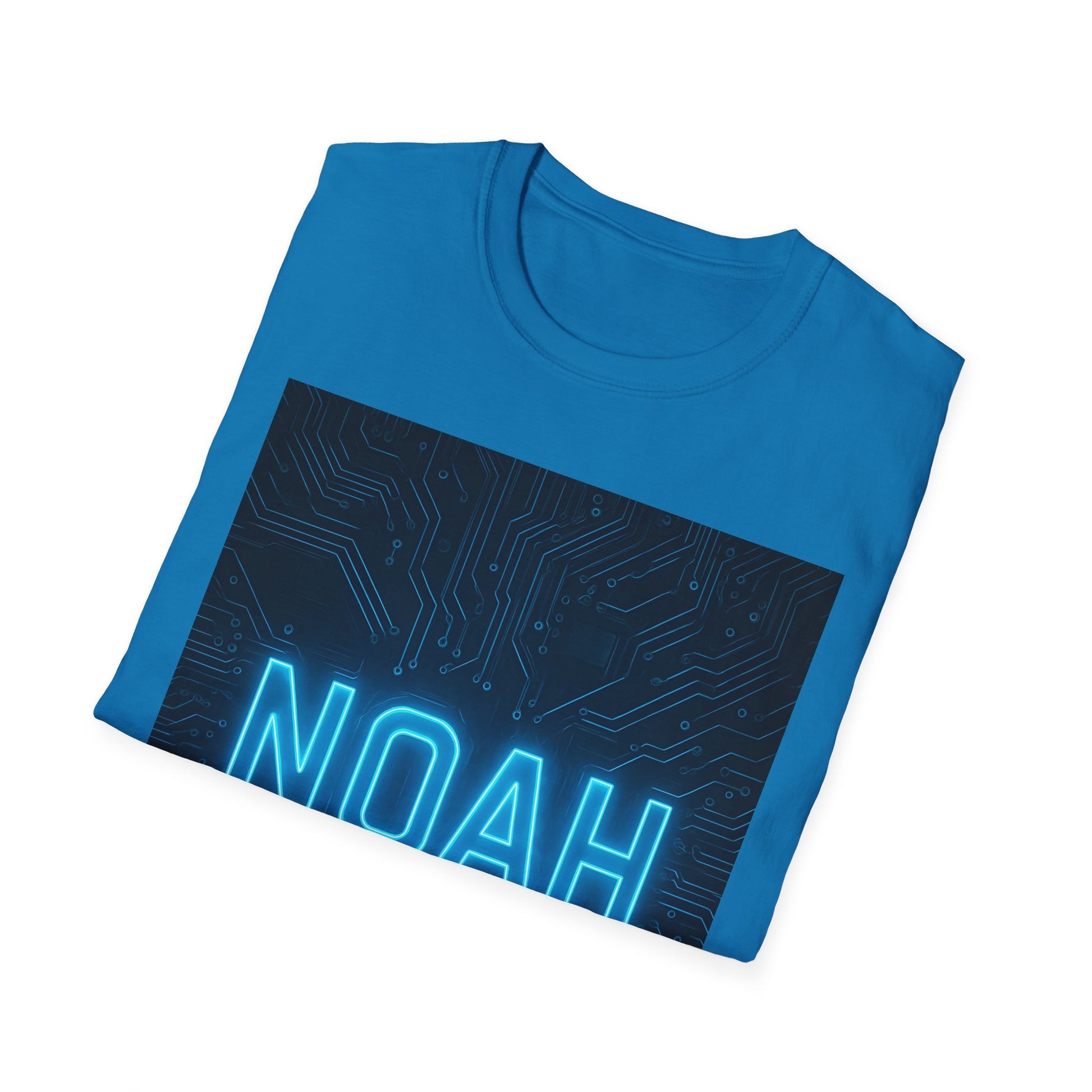 Blue T-shirt featuring a dark circuit-board panel with glowing neon blue "NOAH" text across the lower front.