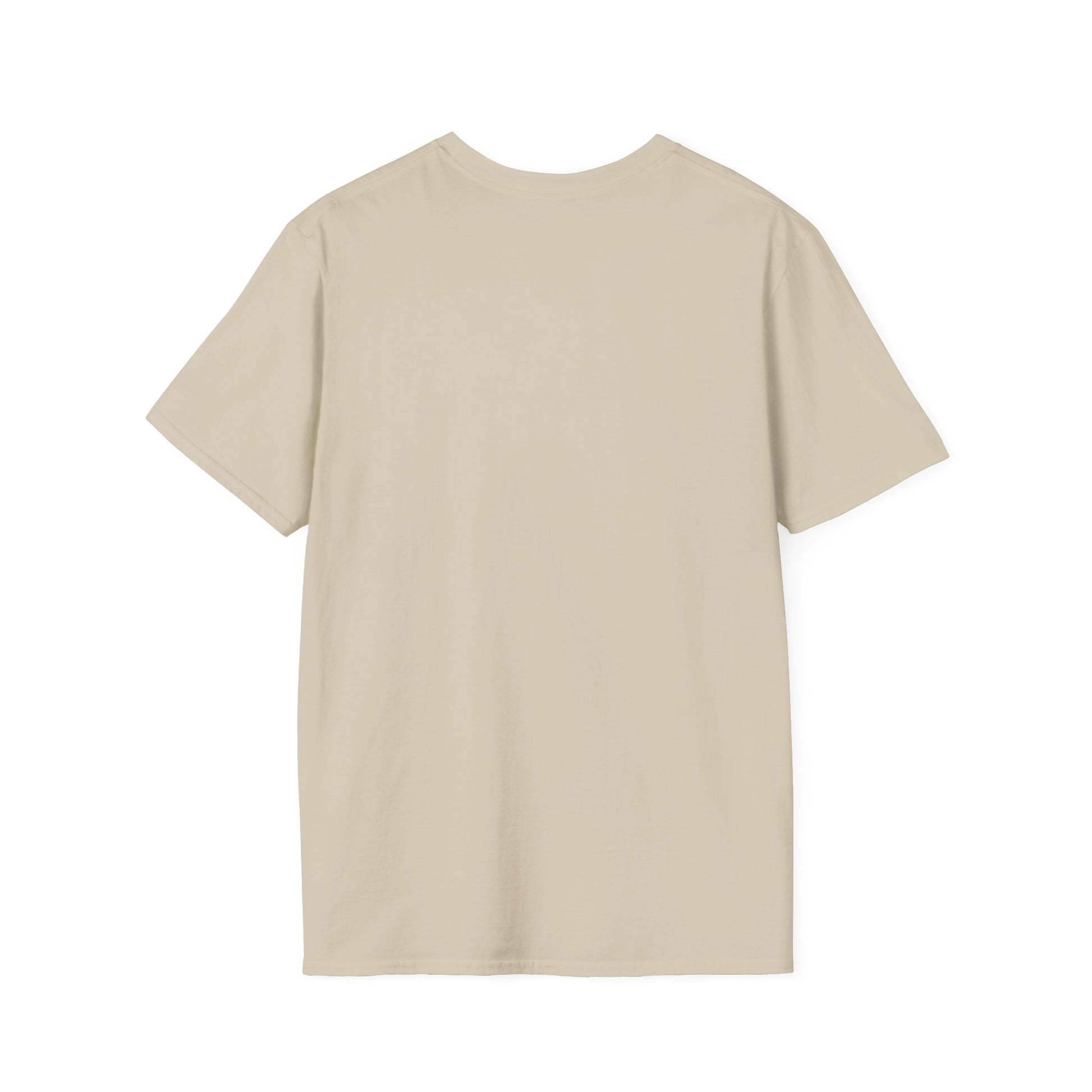 Beige short-sleeve T-shirt laid flat, plain knit fabric, back view.
